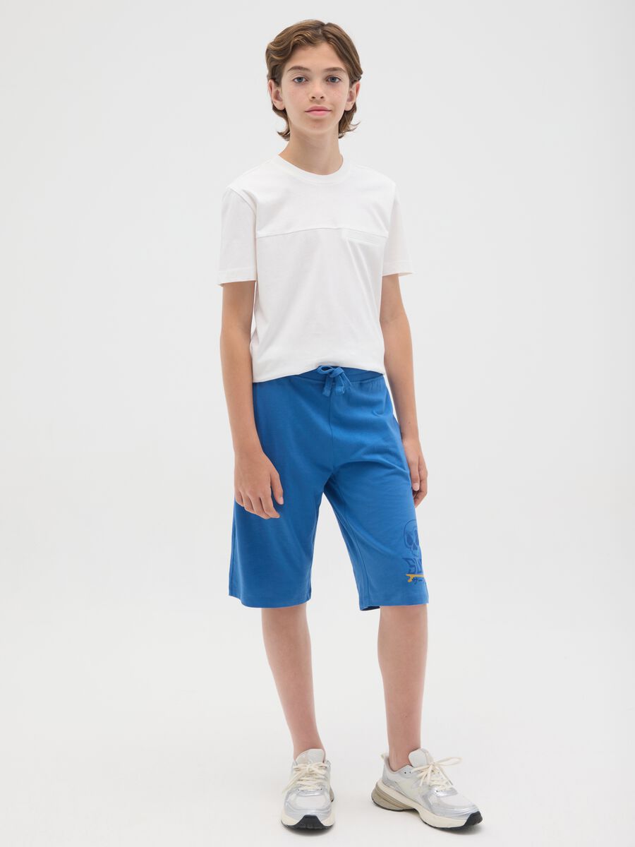 Bermuda da ragazzo in puro cotone blu regular fit con girovita elasticizzato_0