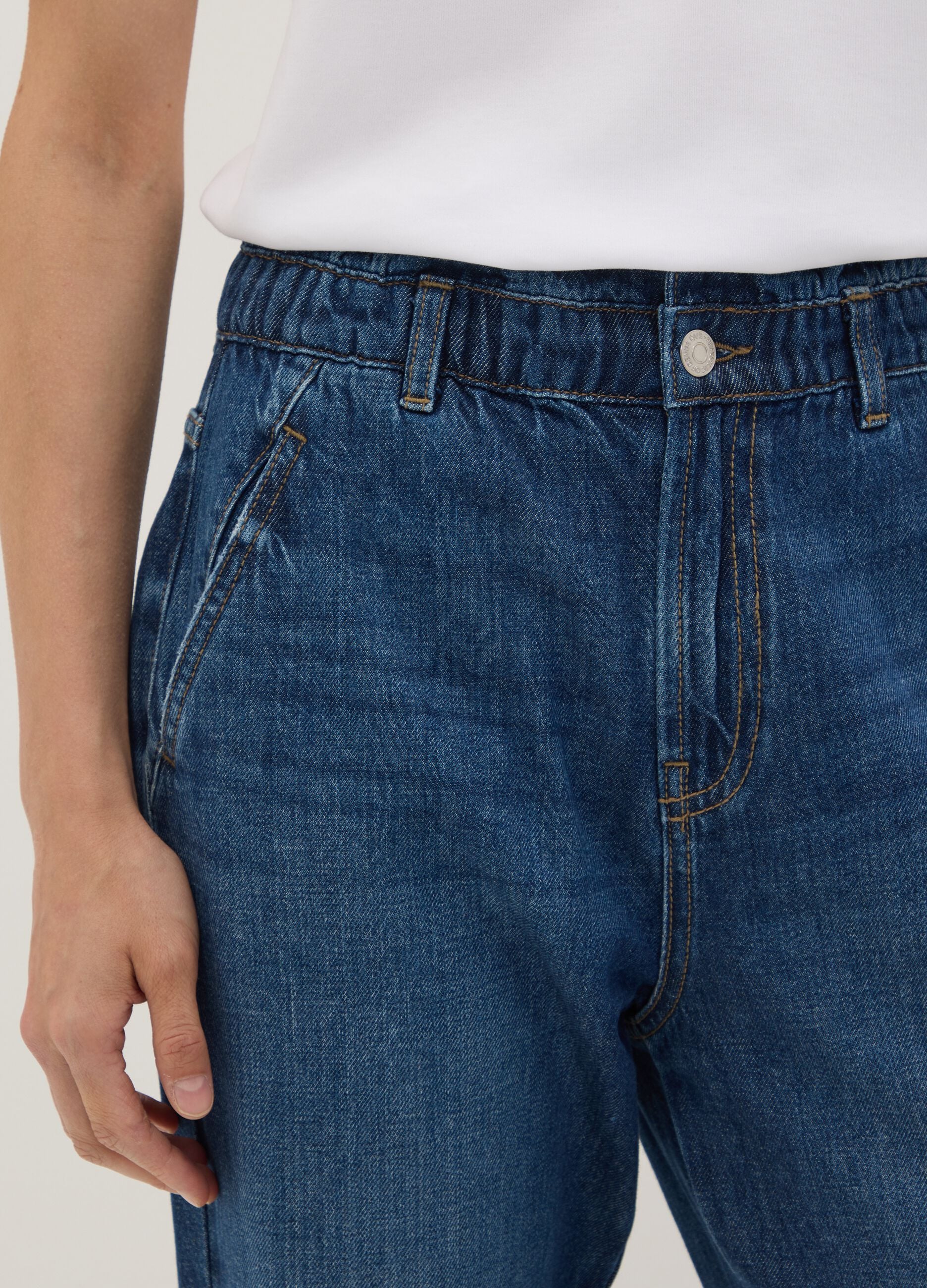 Blue denim baggy-fit jeans in pure cotton with paperbag waist
