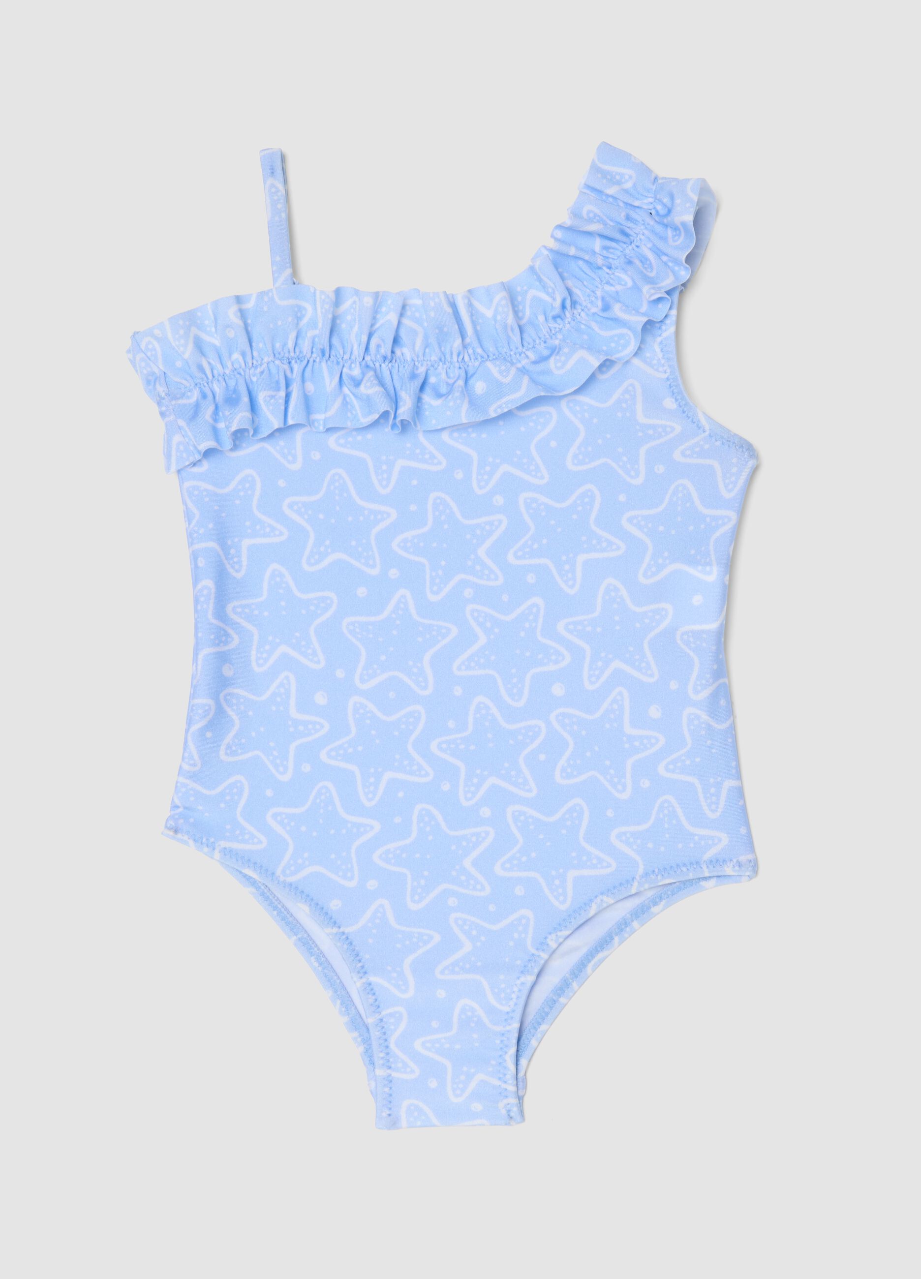 Baby girls&rsquo; light-blue stretch one-piece swimsuit with ruffles