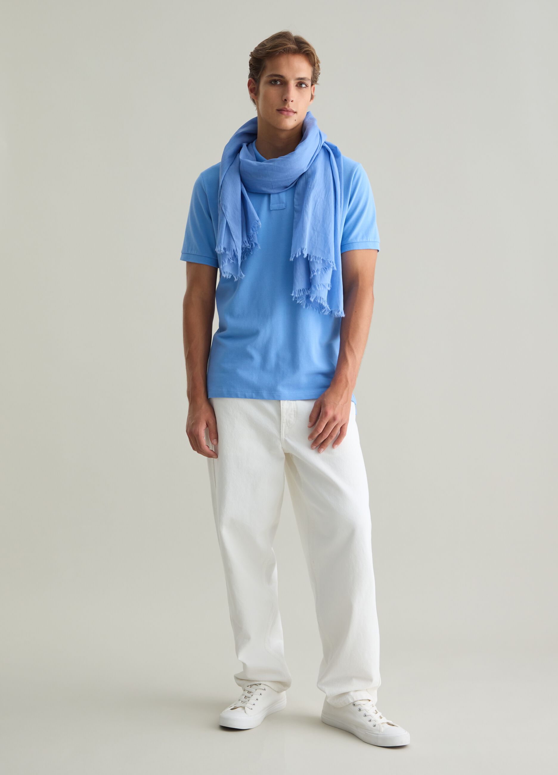 Men's blue pure cotton scarf with fringes