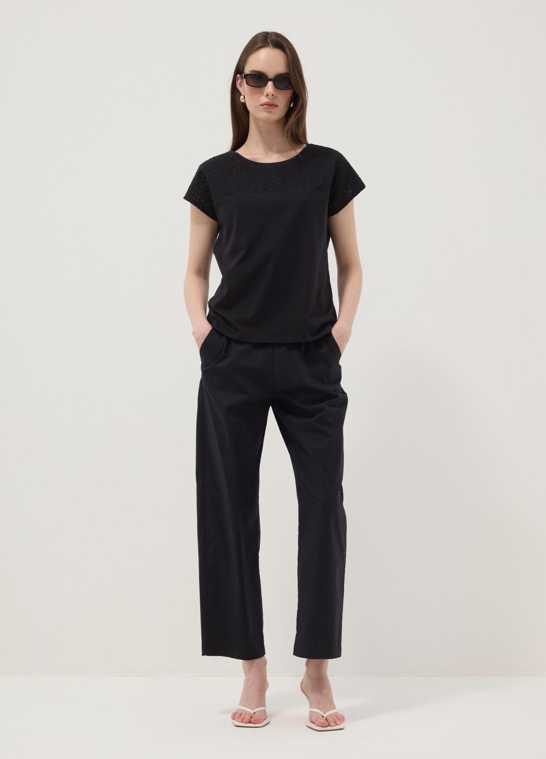 Black pure cotton T-shirt with Broderie Anglaise lace insert