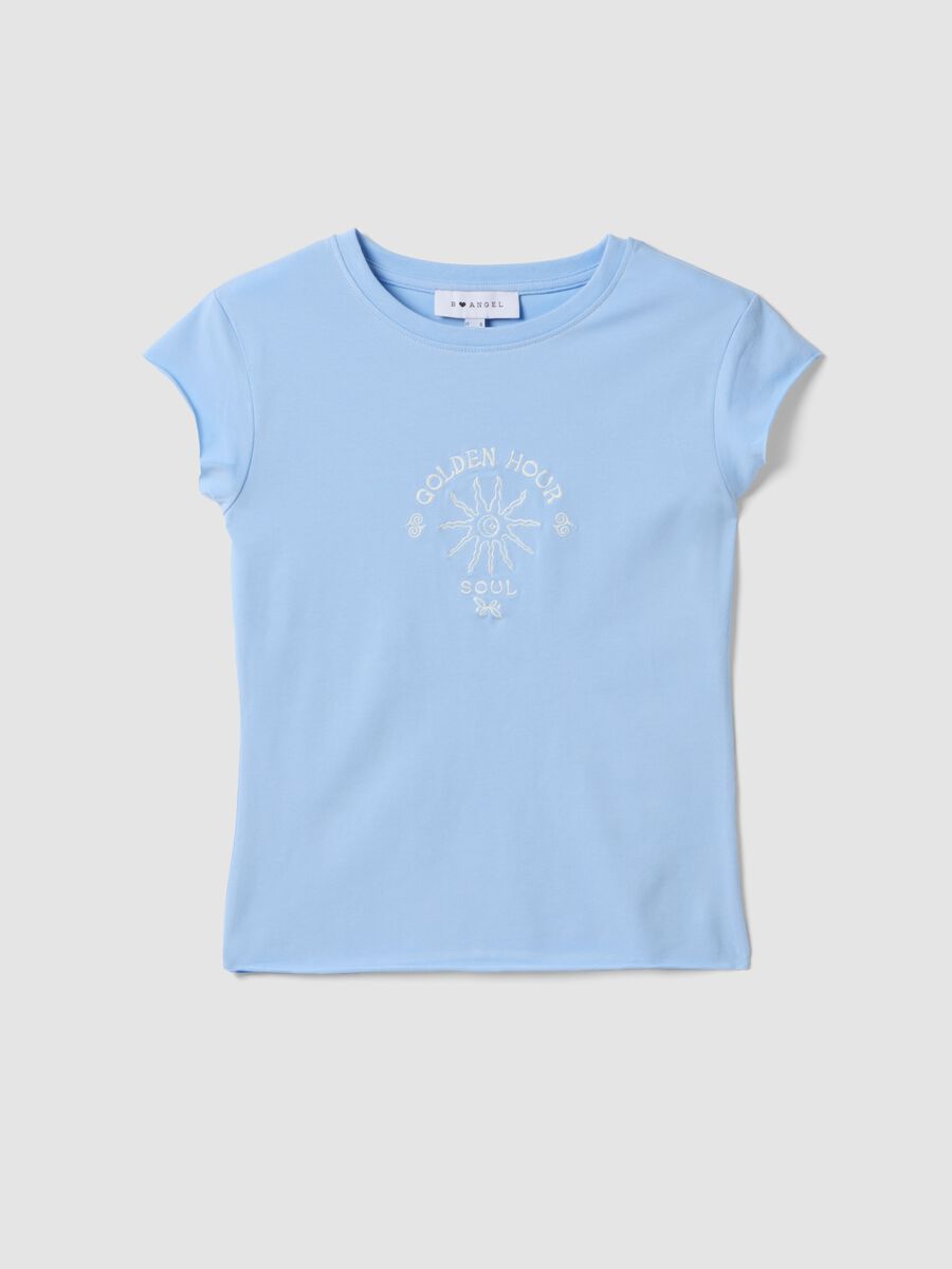 Blue fitted stretch-cotton T-shirt with print_4
