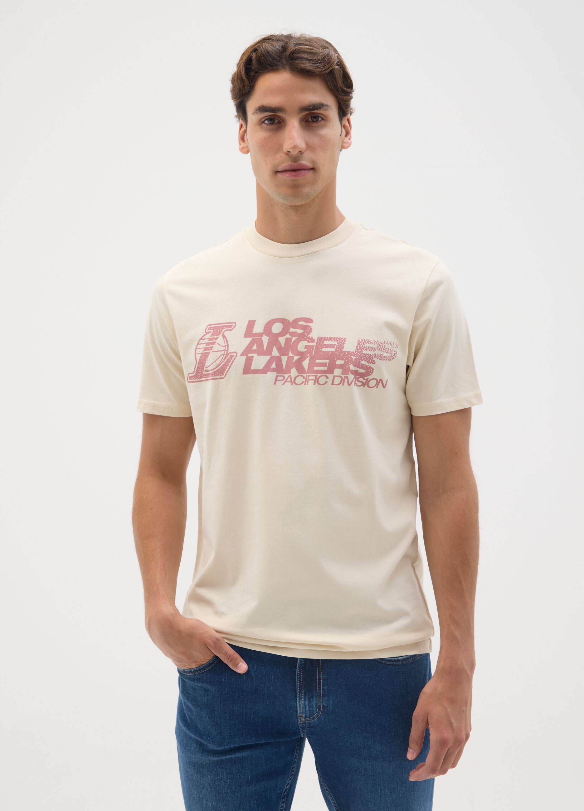 T-shirt in puro cotone beige con stampa Los Angeles Lakers