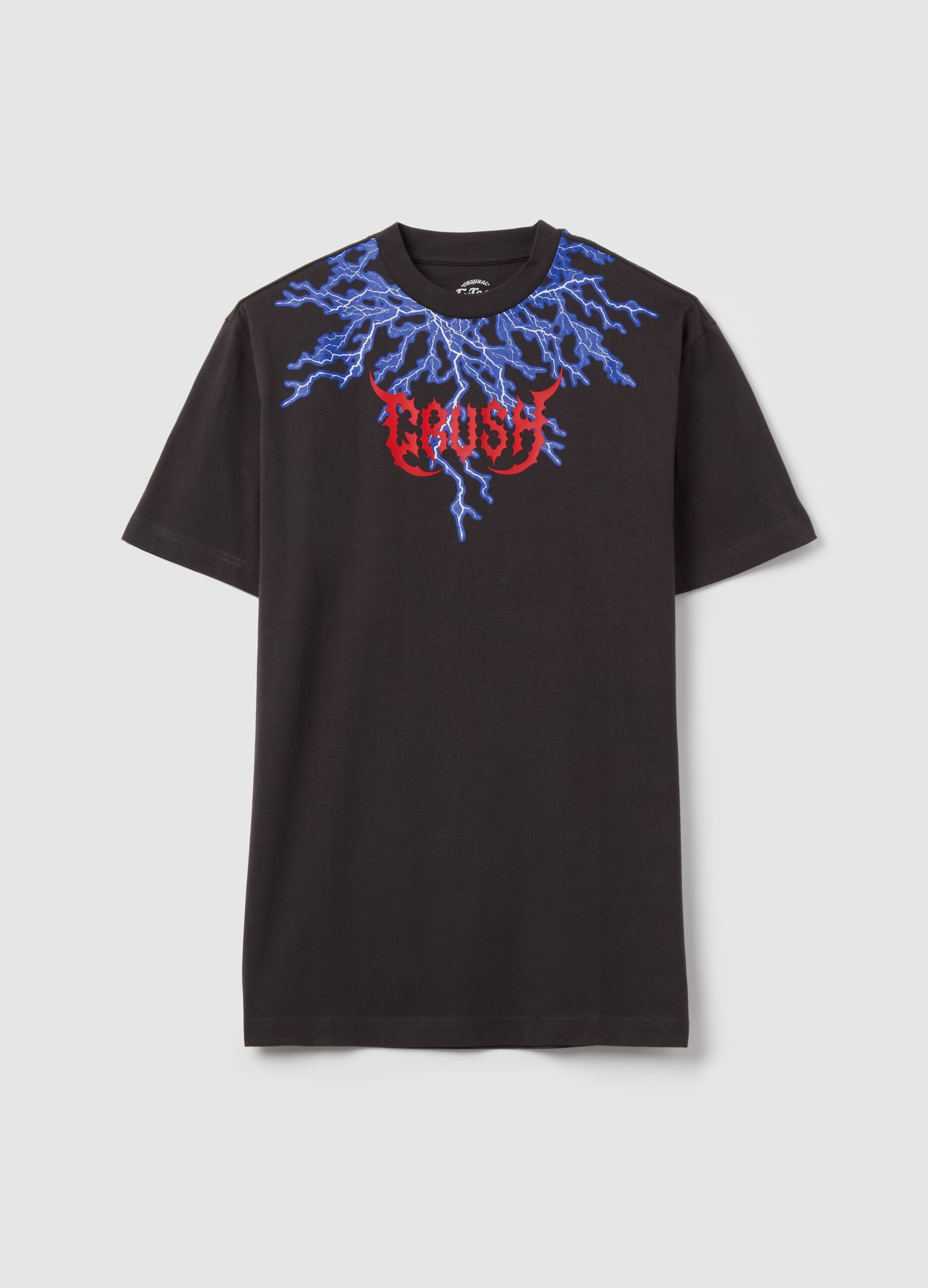 Black short-sleeved T-shirt with lightning print