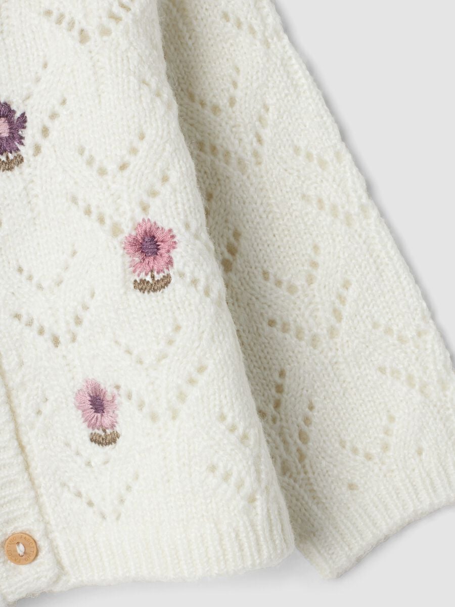Cardigan bianco in maglia traforata con girocollo_3