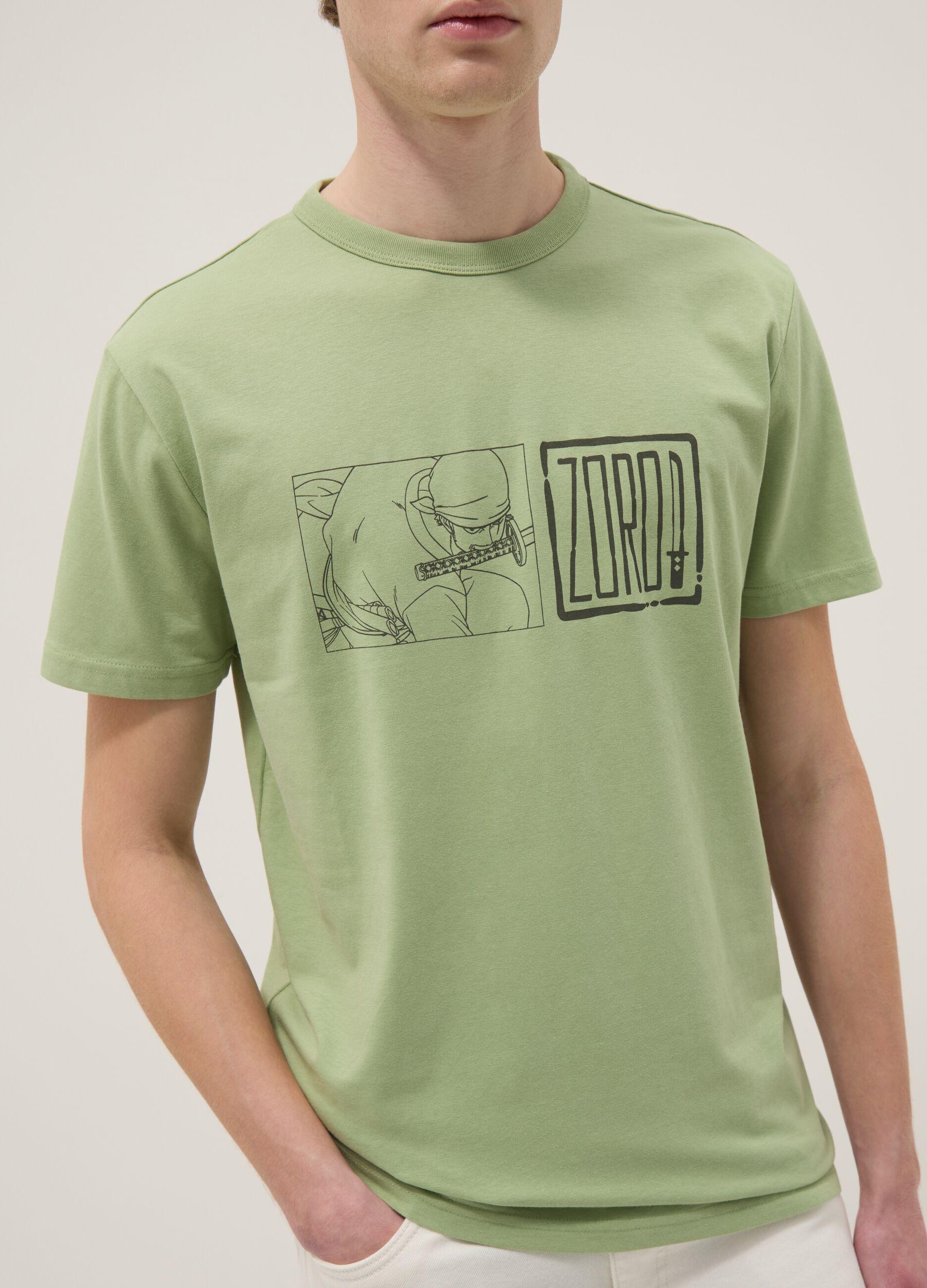 Green pure cotton T-shirt with One Piece print