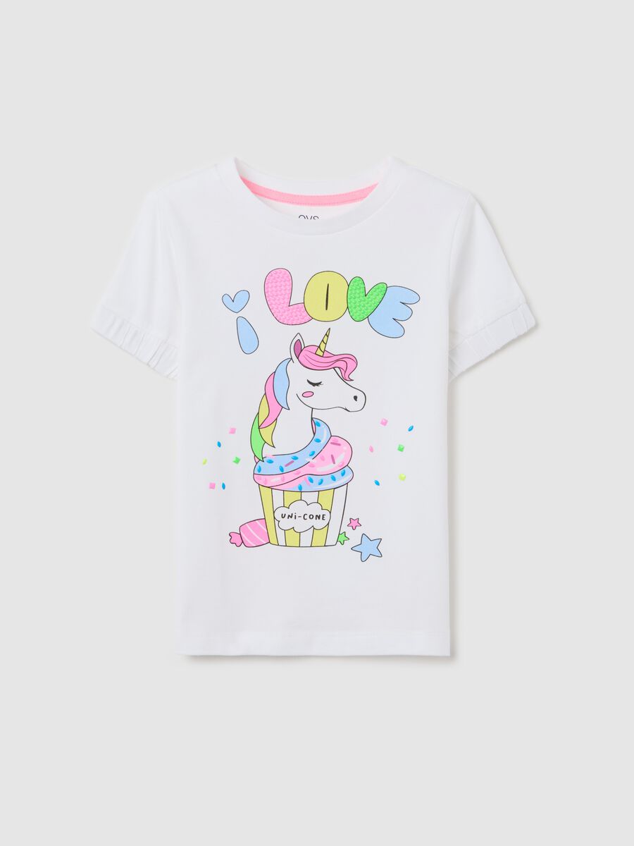 White stretch cotton T-shirt with unicorn print_0