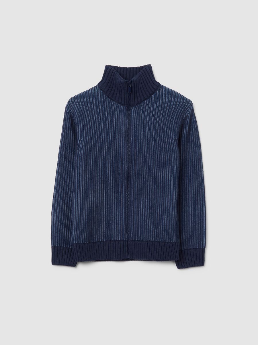 Blue high-neck cotton blend cardigan for kids, regular fit_0