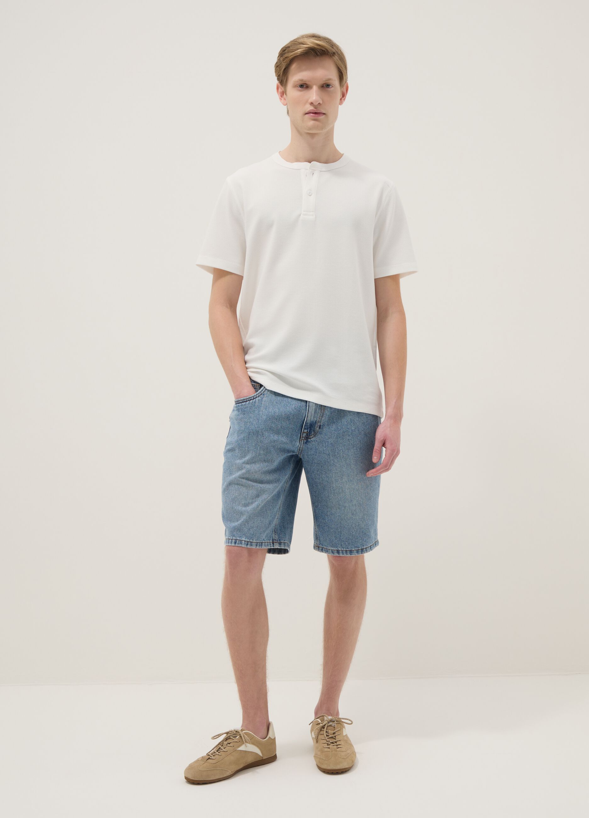 Blue Slim Fit Cotton Blend Denim Shorts