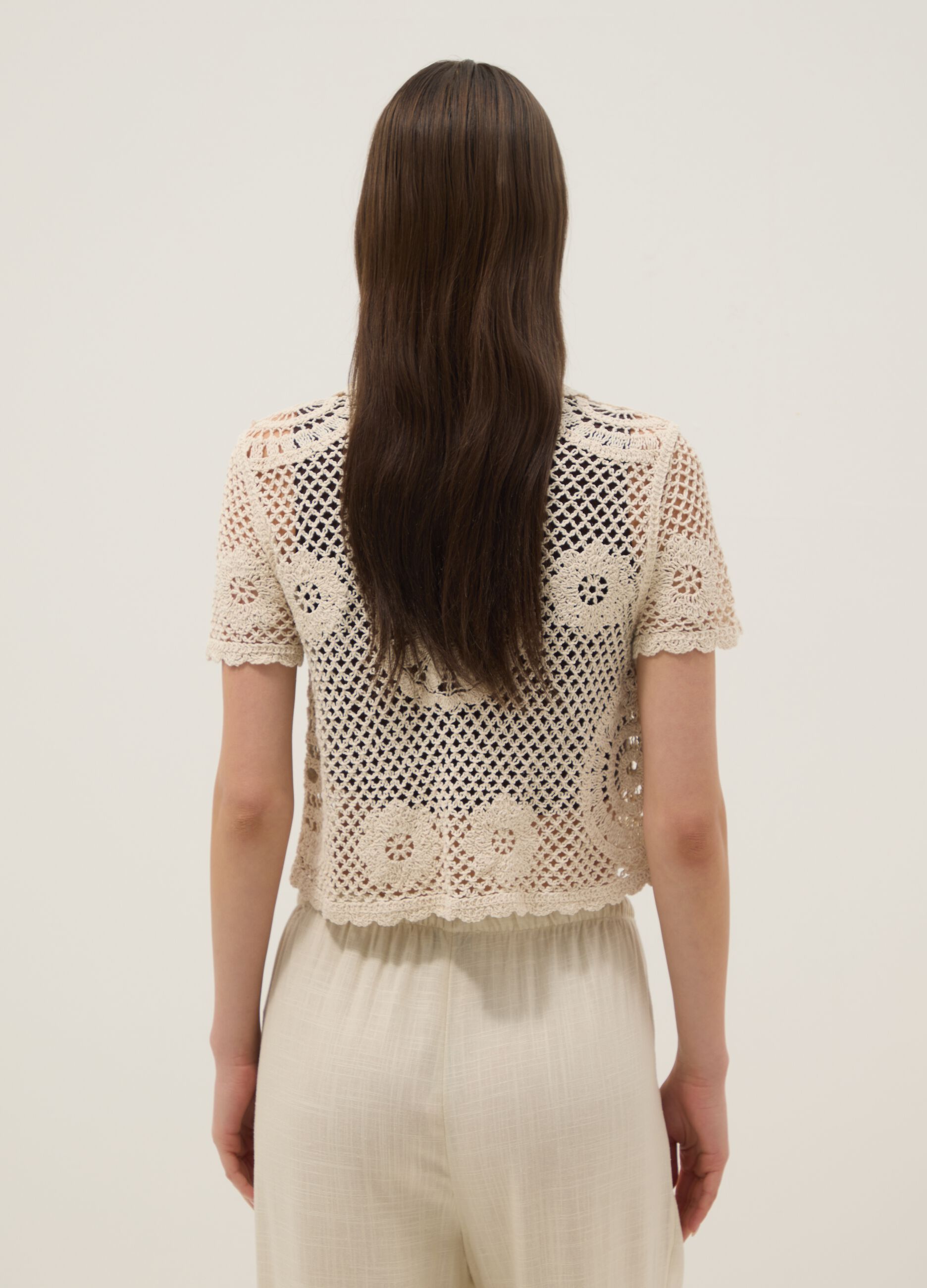 Beige cotton-blend regular-fit shirt with knitted detailing