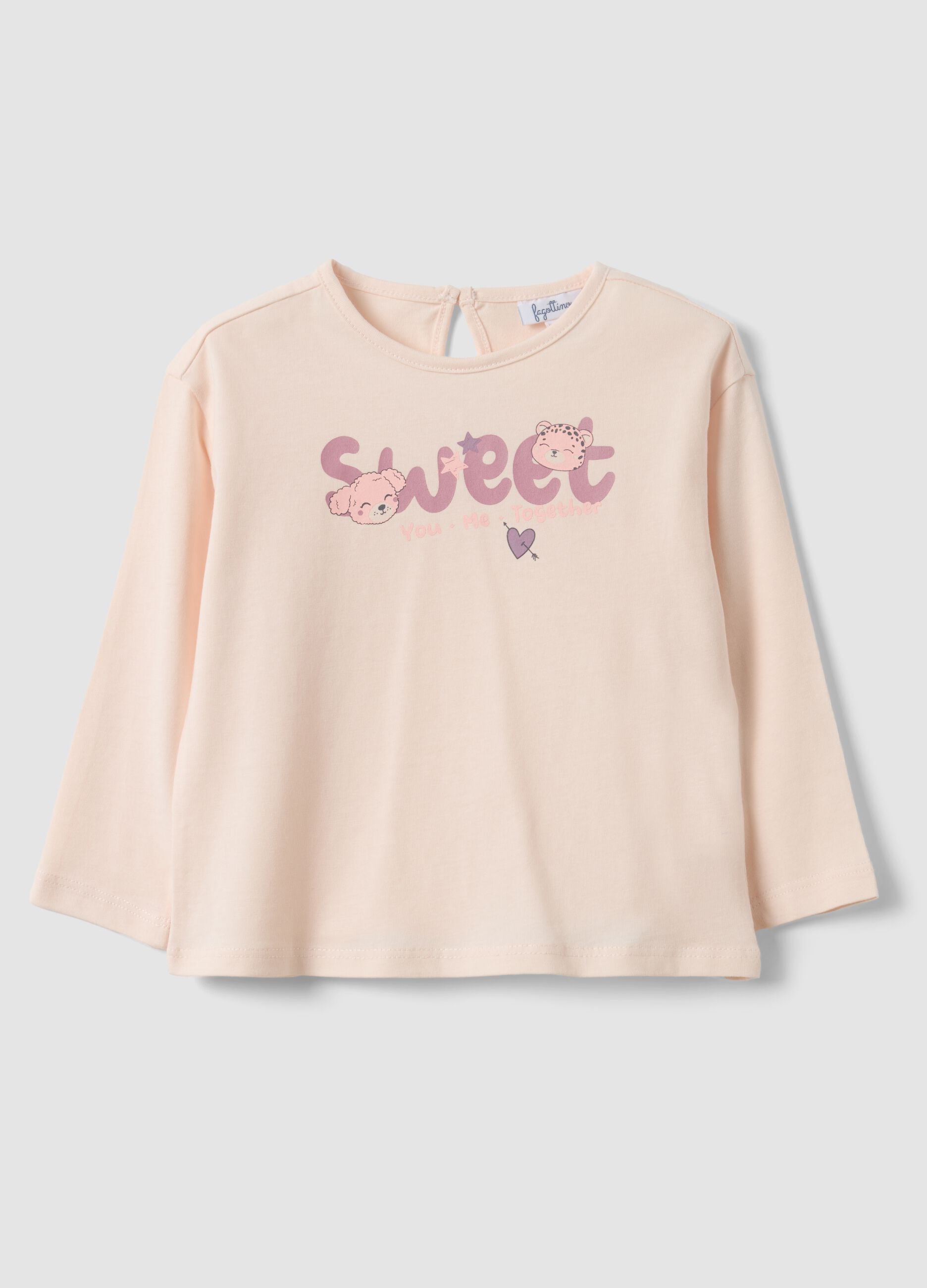 Pink long-sleeve organic cotton printed T-shirt for baby girls