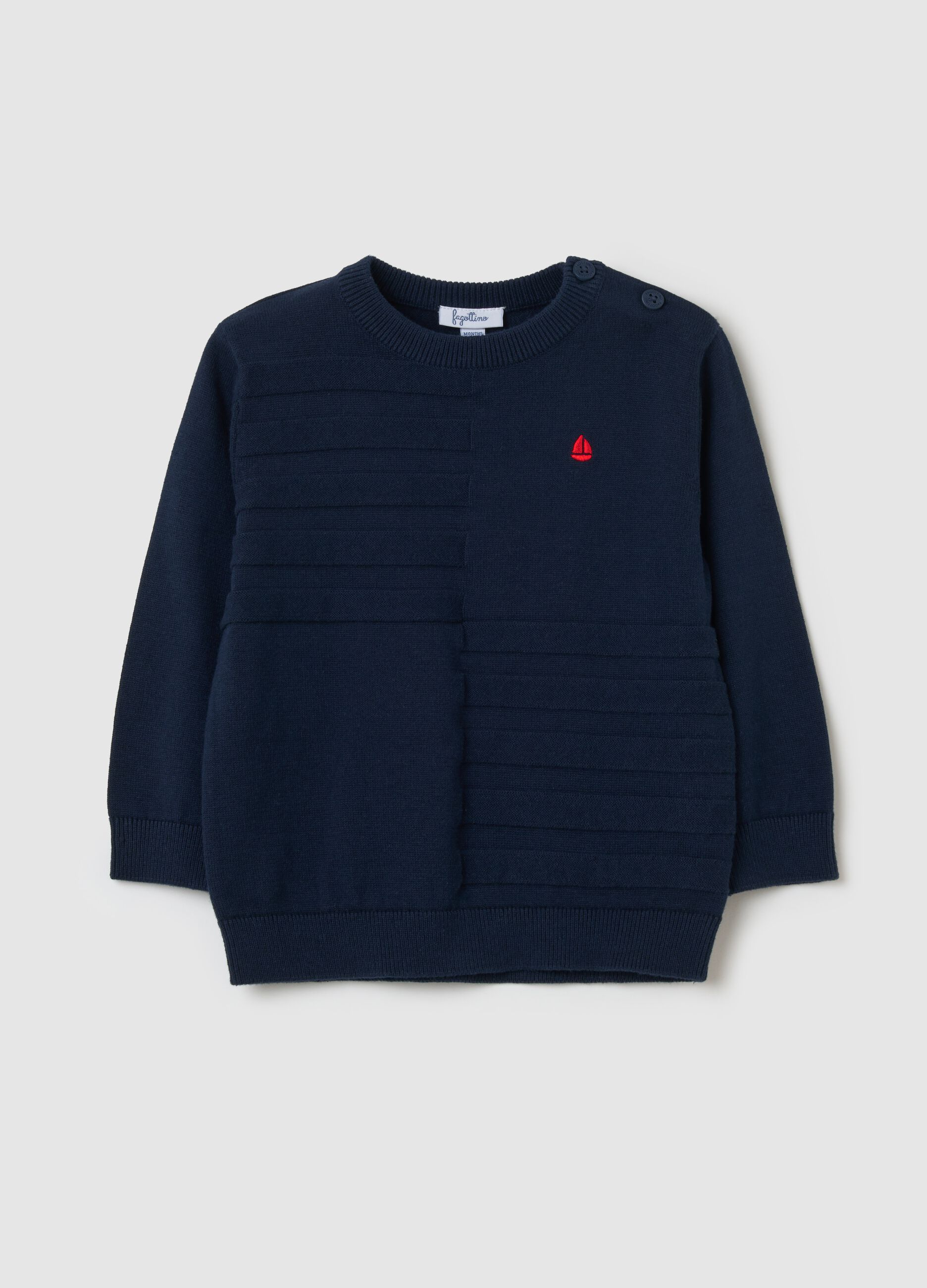 Pullover with embossed design and embroidered sailing boat