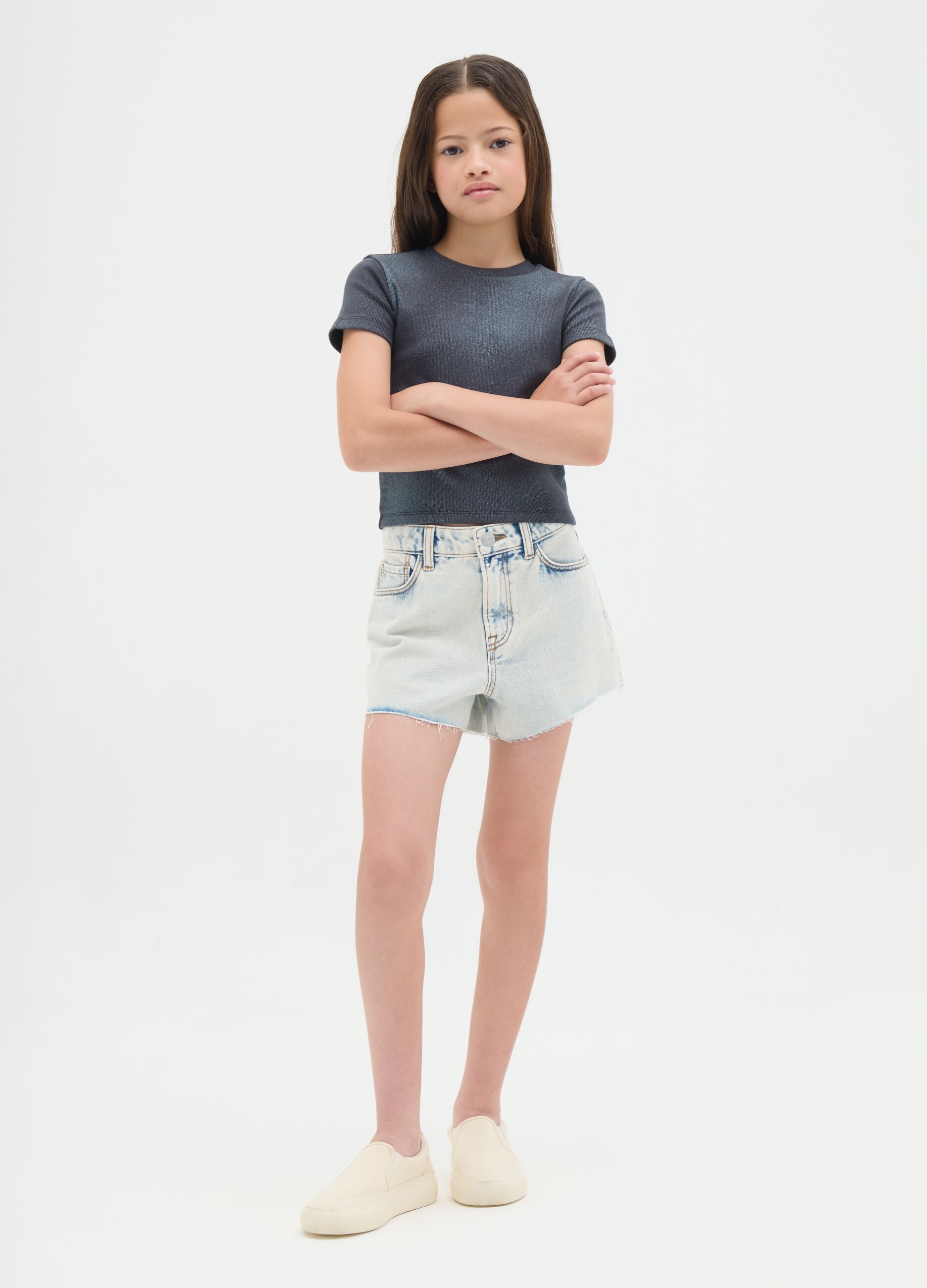 Girls' pure cotton light blue regular fit shorts
