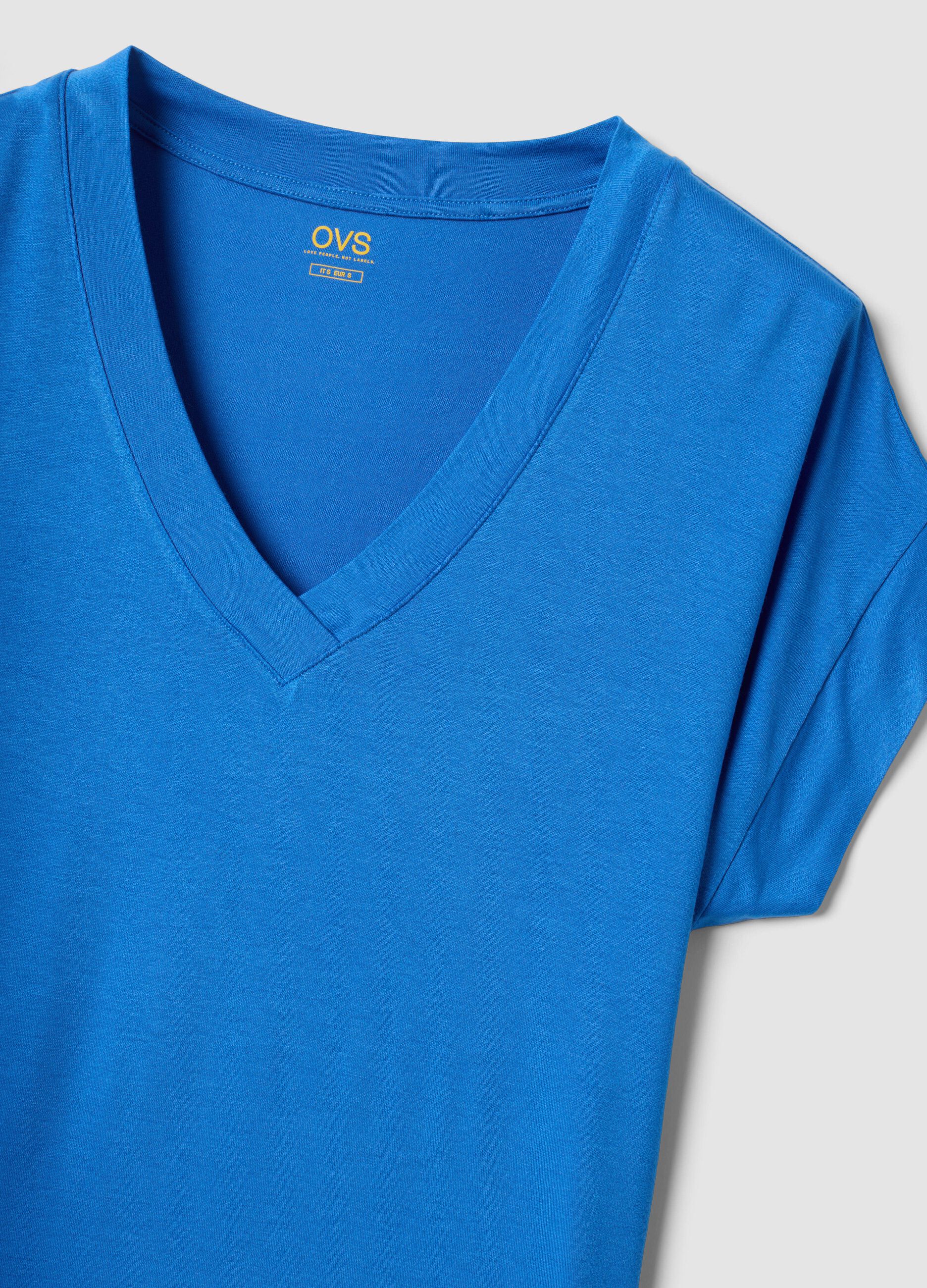 Blue stretch viscose V-neck T-shirt