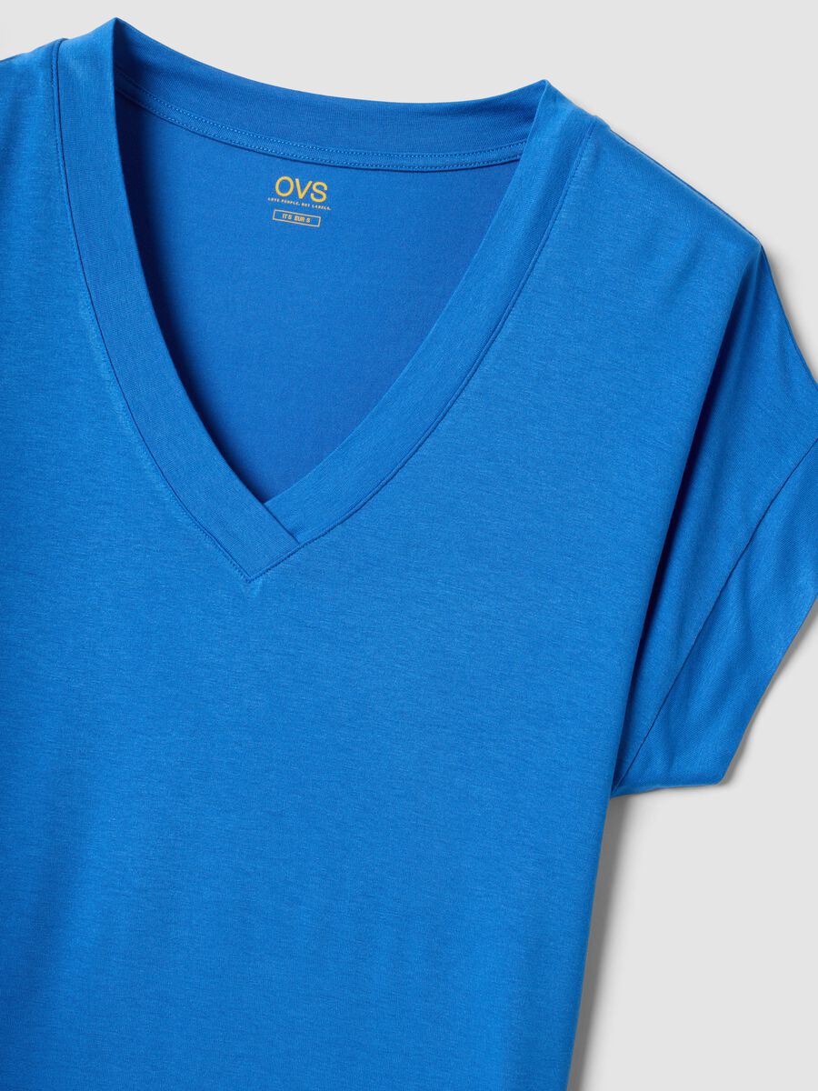 Blue stretch viscose V-neck T-shirt_1
