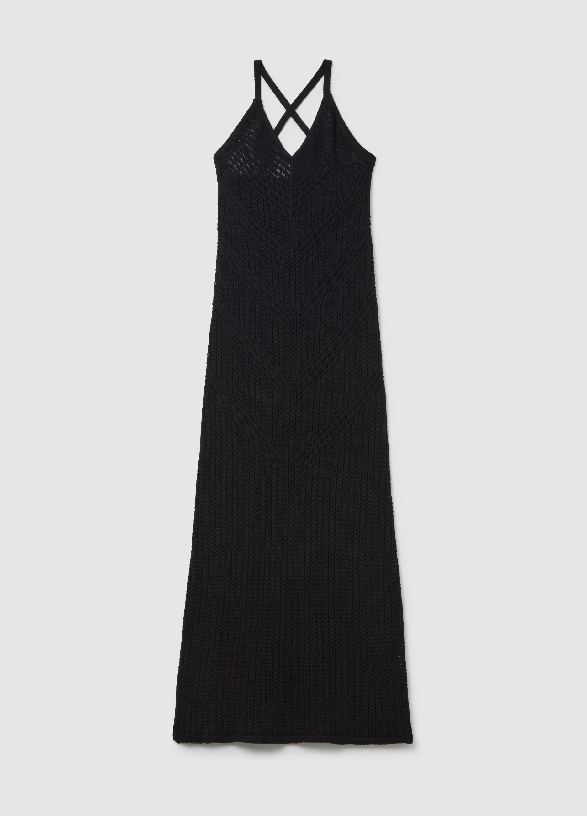 Abito lungo da donna in puro cotone nero slim fit con scollo