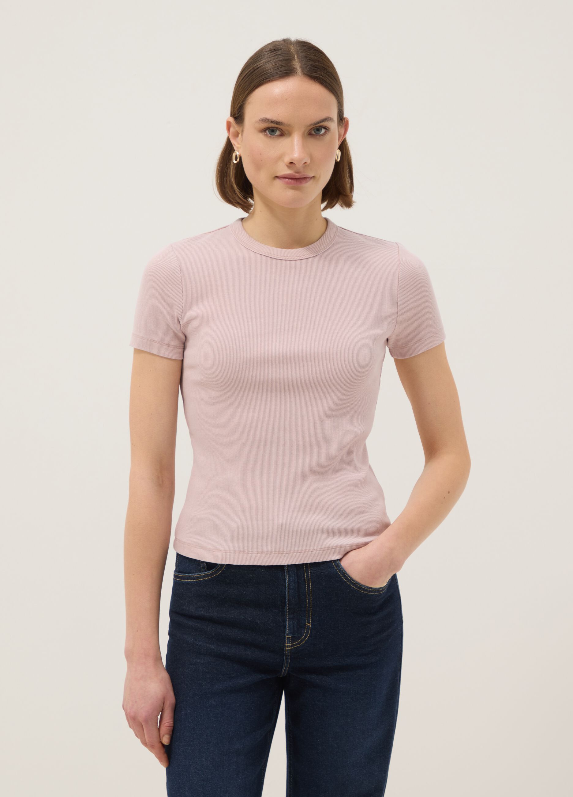 Slim fit pink crew neck cotton stretch T-shirt