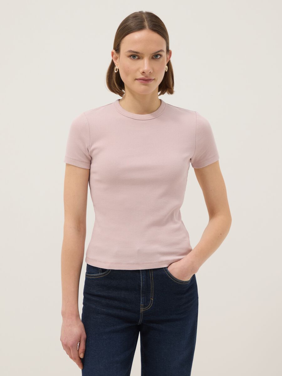 Slim fit pink crew neck cotton stretch T-shirt_0