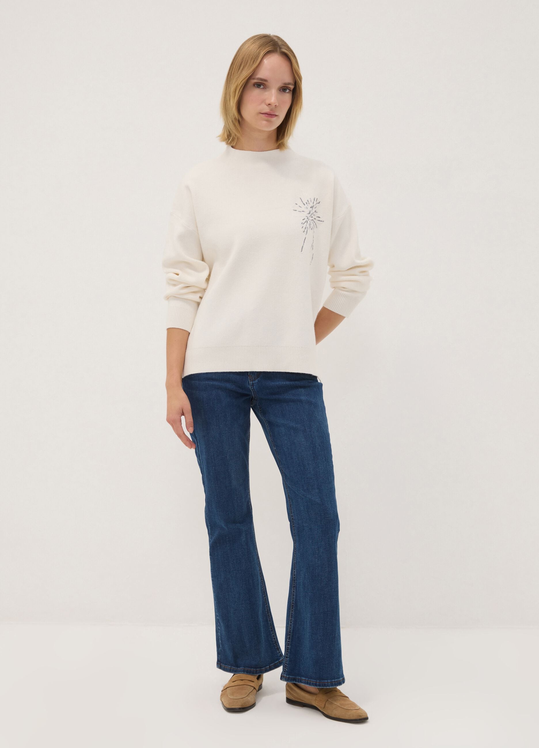 Sand viscose-blend jumper with sequin embroidery, regular fit