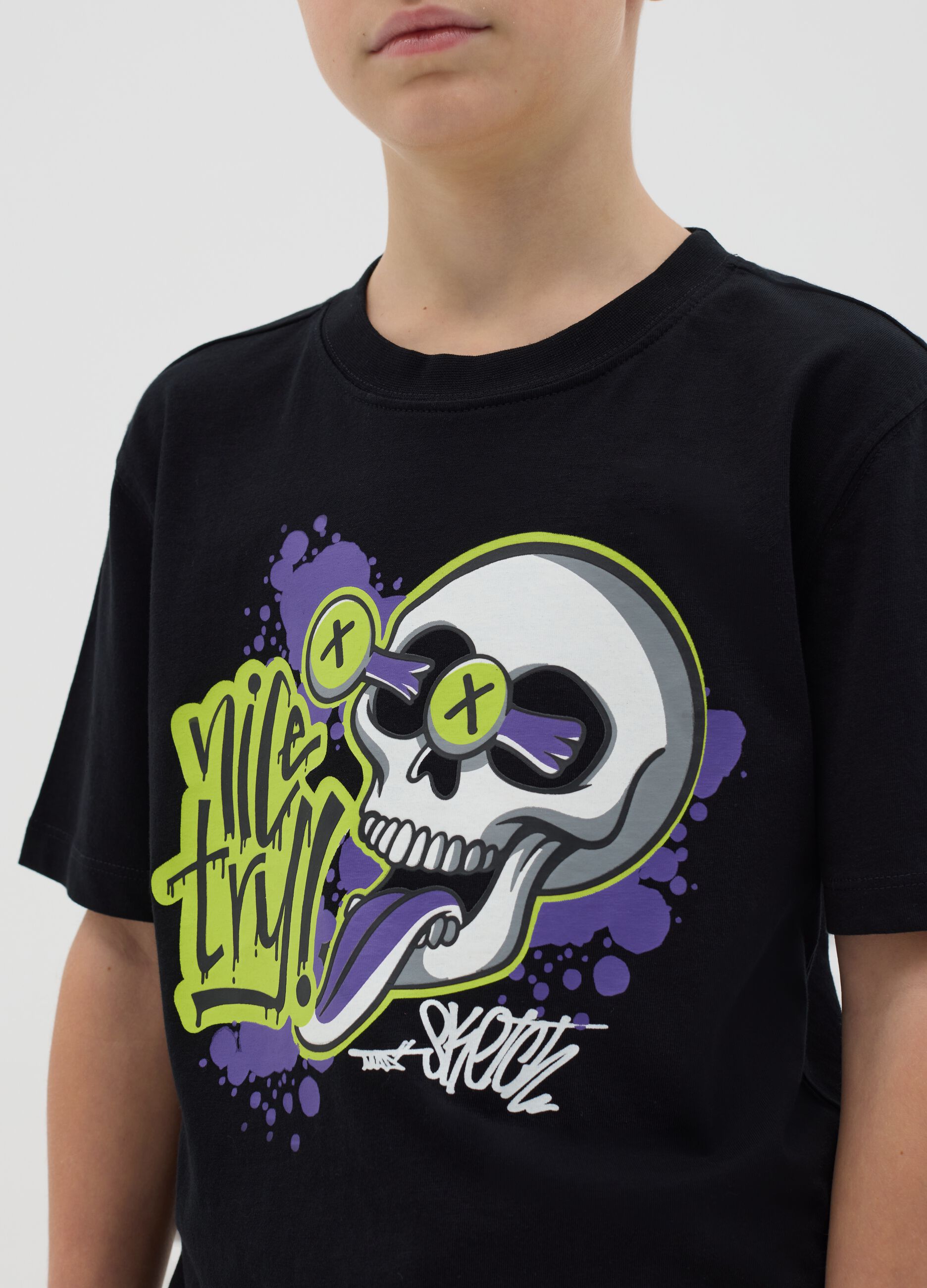 T-shirt in cotone con stampa teschio "Nice Try!"
