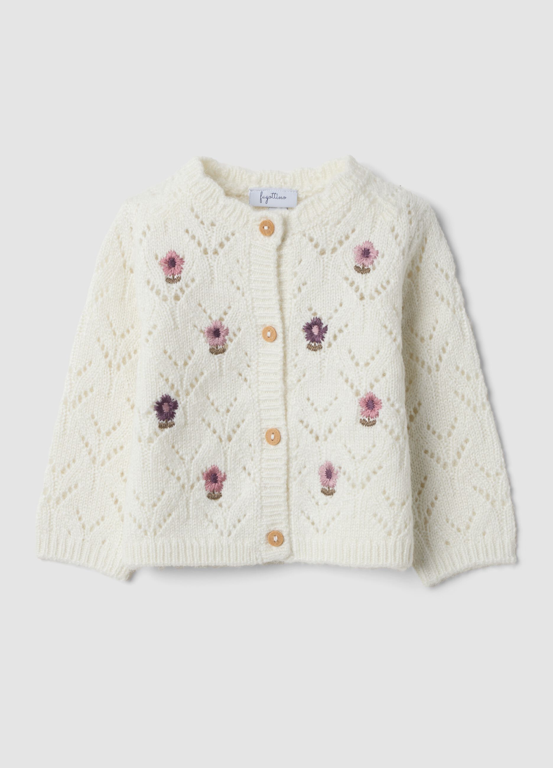 Cardigan bianco in maglia traforata con girocollo