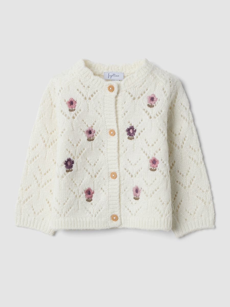 Cardigan bianco in maglia traforata con girocollo_0