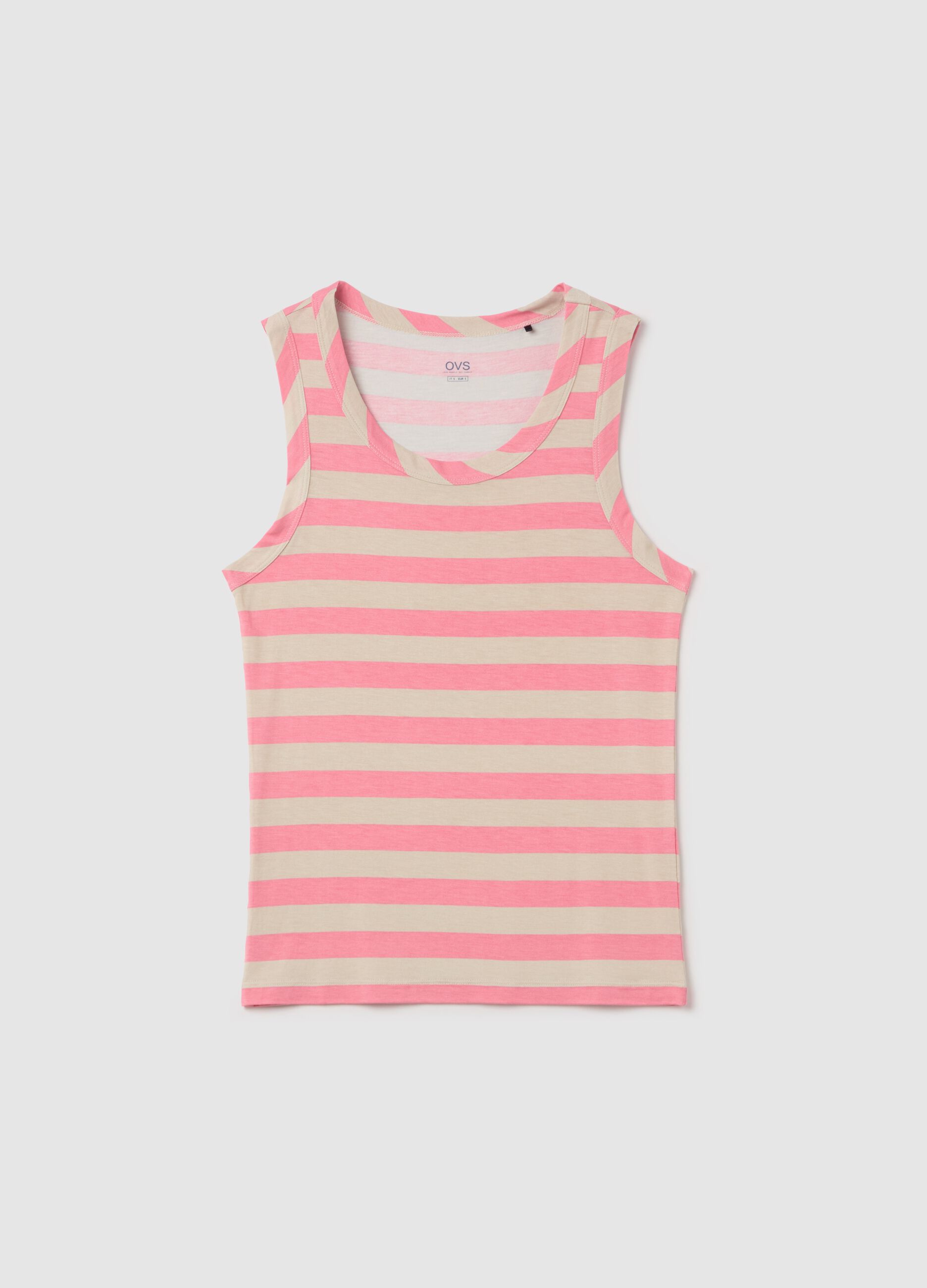 Pink and beige striped tank top in stretch viscose