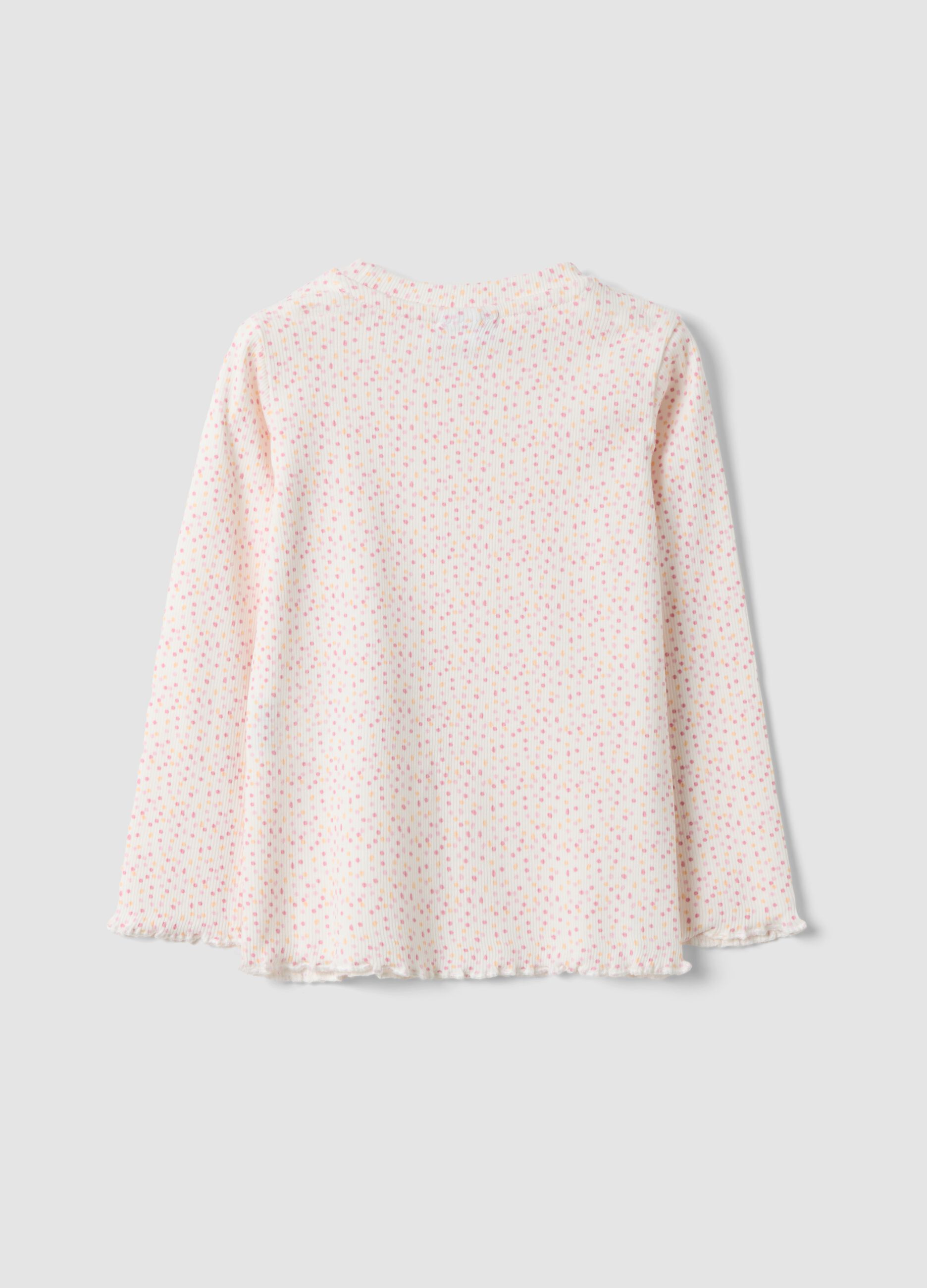 Maglietta bianca in cotone organico elasticizzato a pois slim fit per bimba