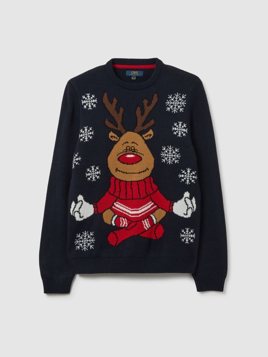 Blue regular fit Christmas jumper with reindeer embroidery_4