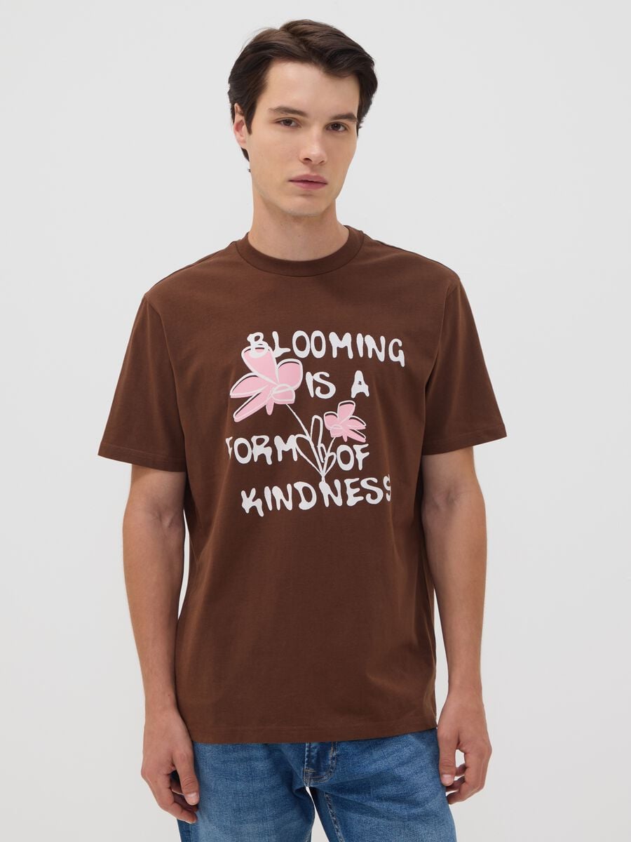 Brown pure cotton jersey slogan T-shirt, regular fit_1