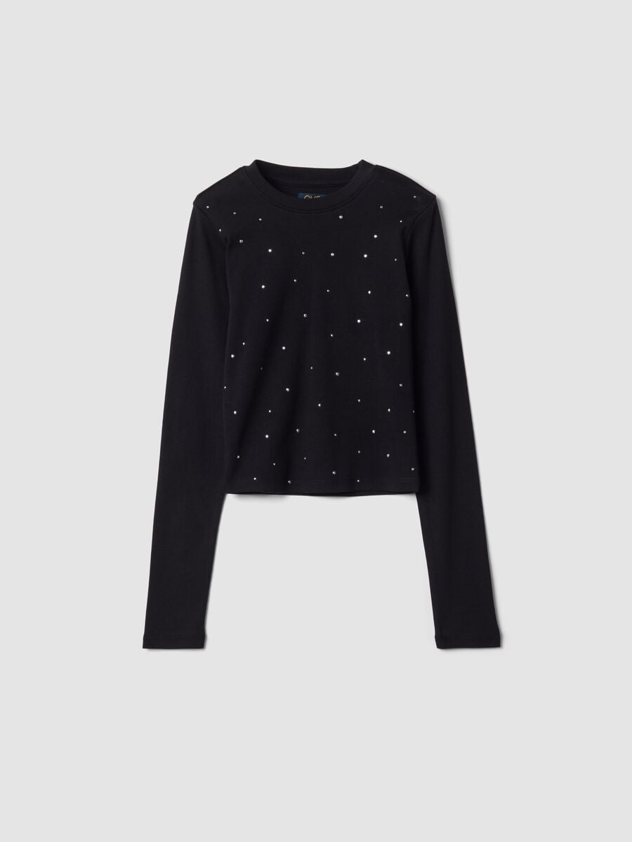 T-shirt nera in cotone elasticizzato con collo a costine slim fit_0