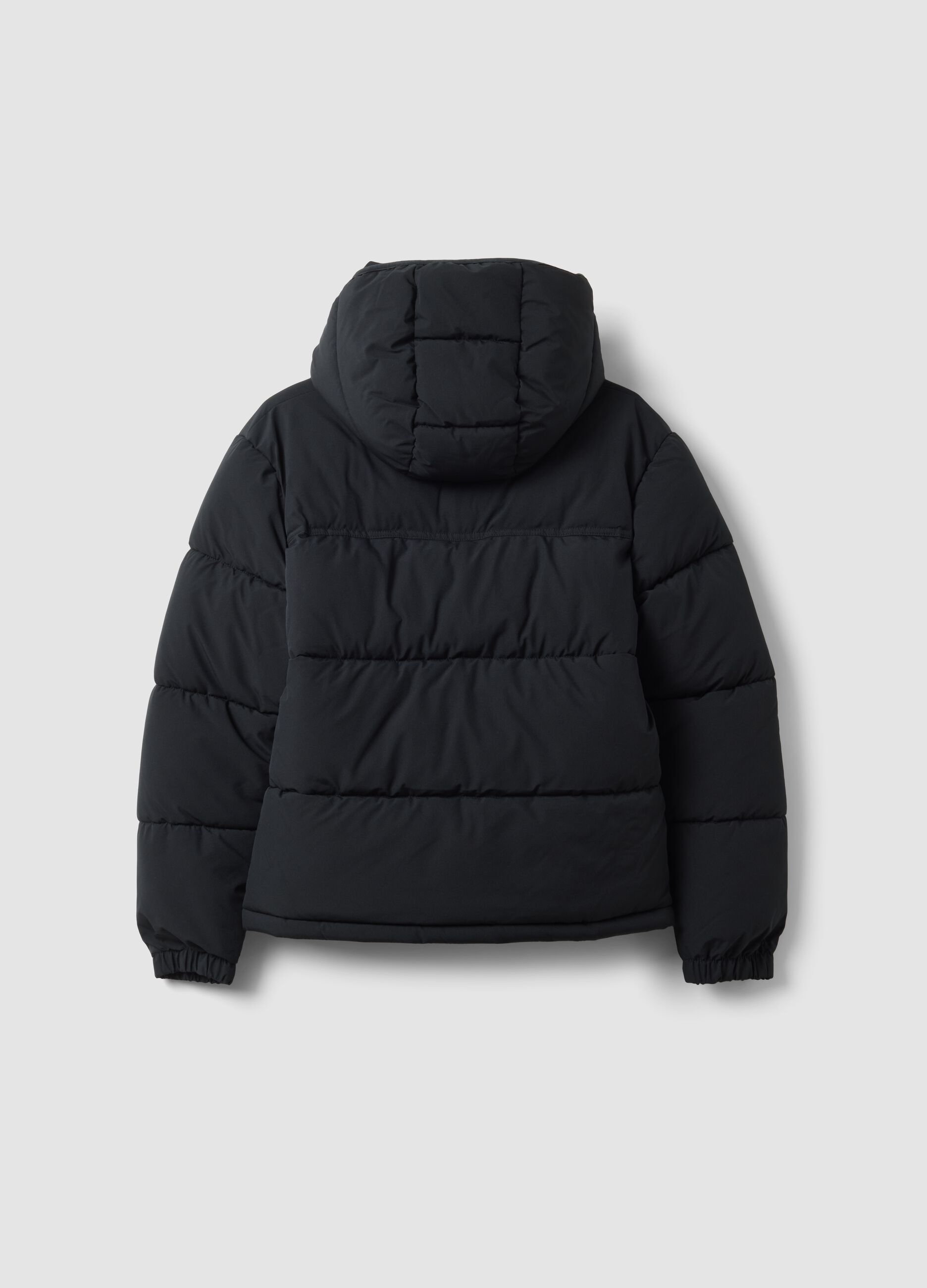 Black padded hooded jacket with water-resistant zip, oversized fit