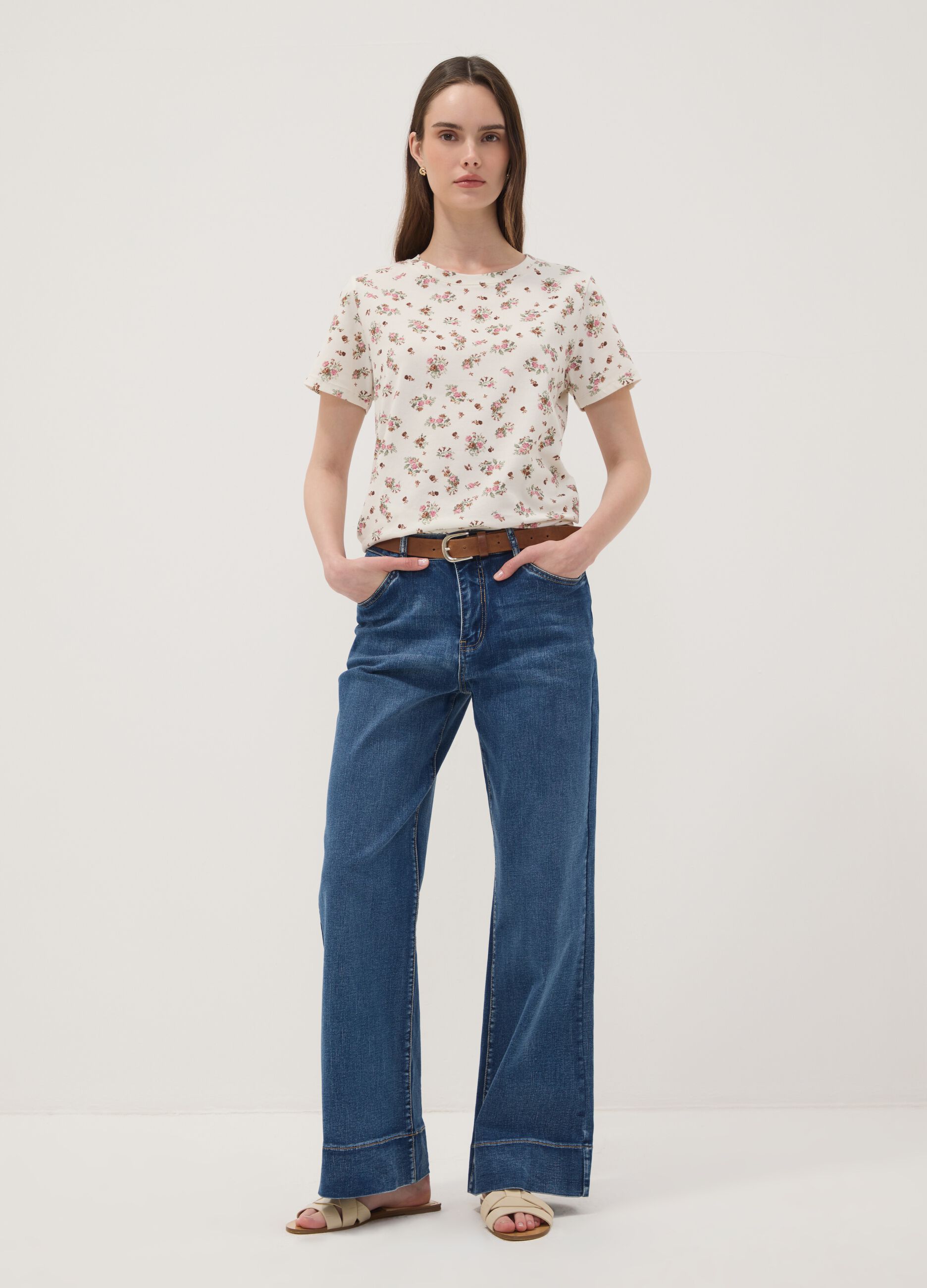 White floral stretch-cotton T-shirt, regular fit