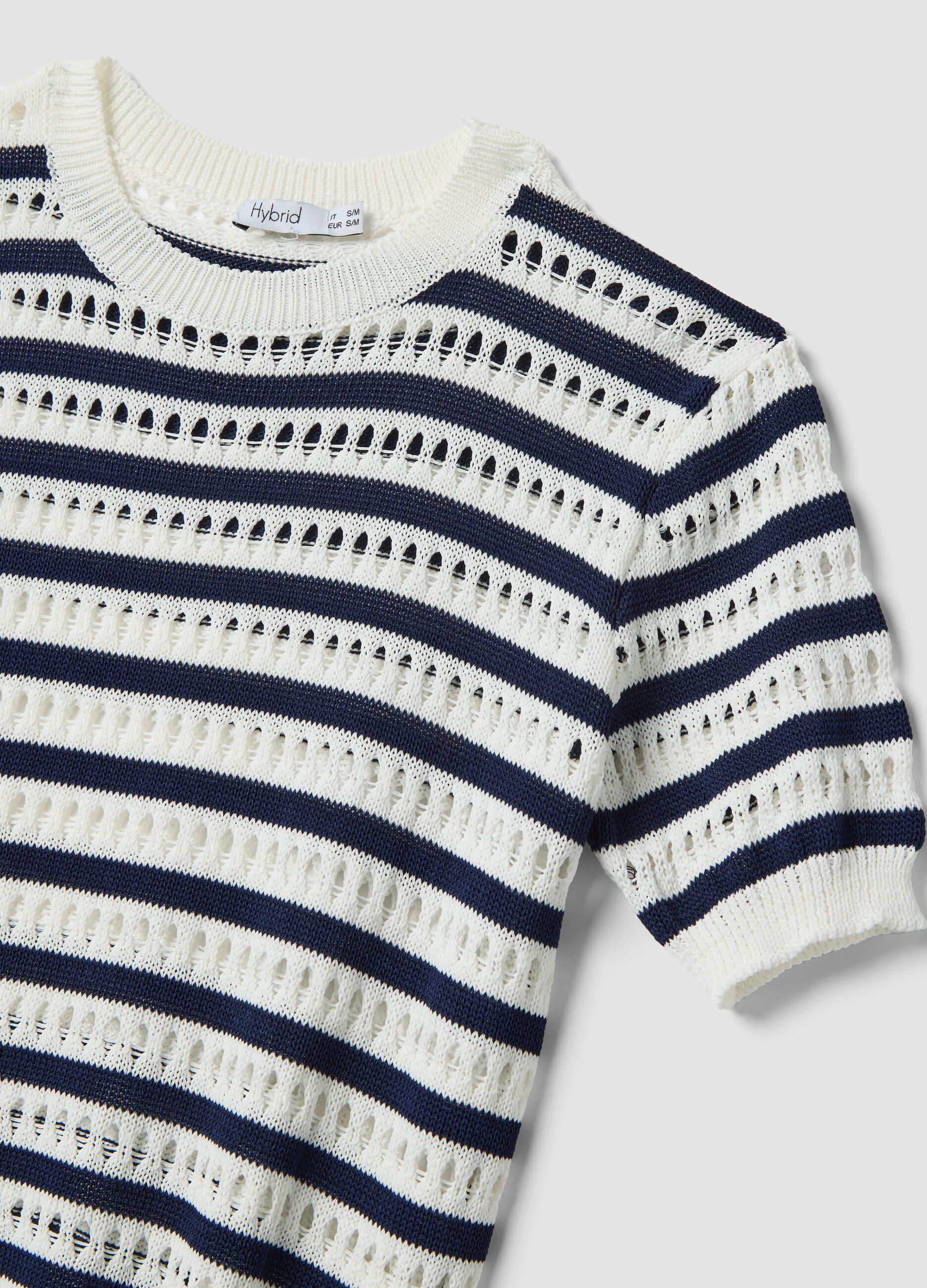 White and blue striped regular-fit openwork viscose-blend T-shirt