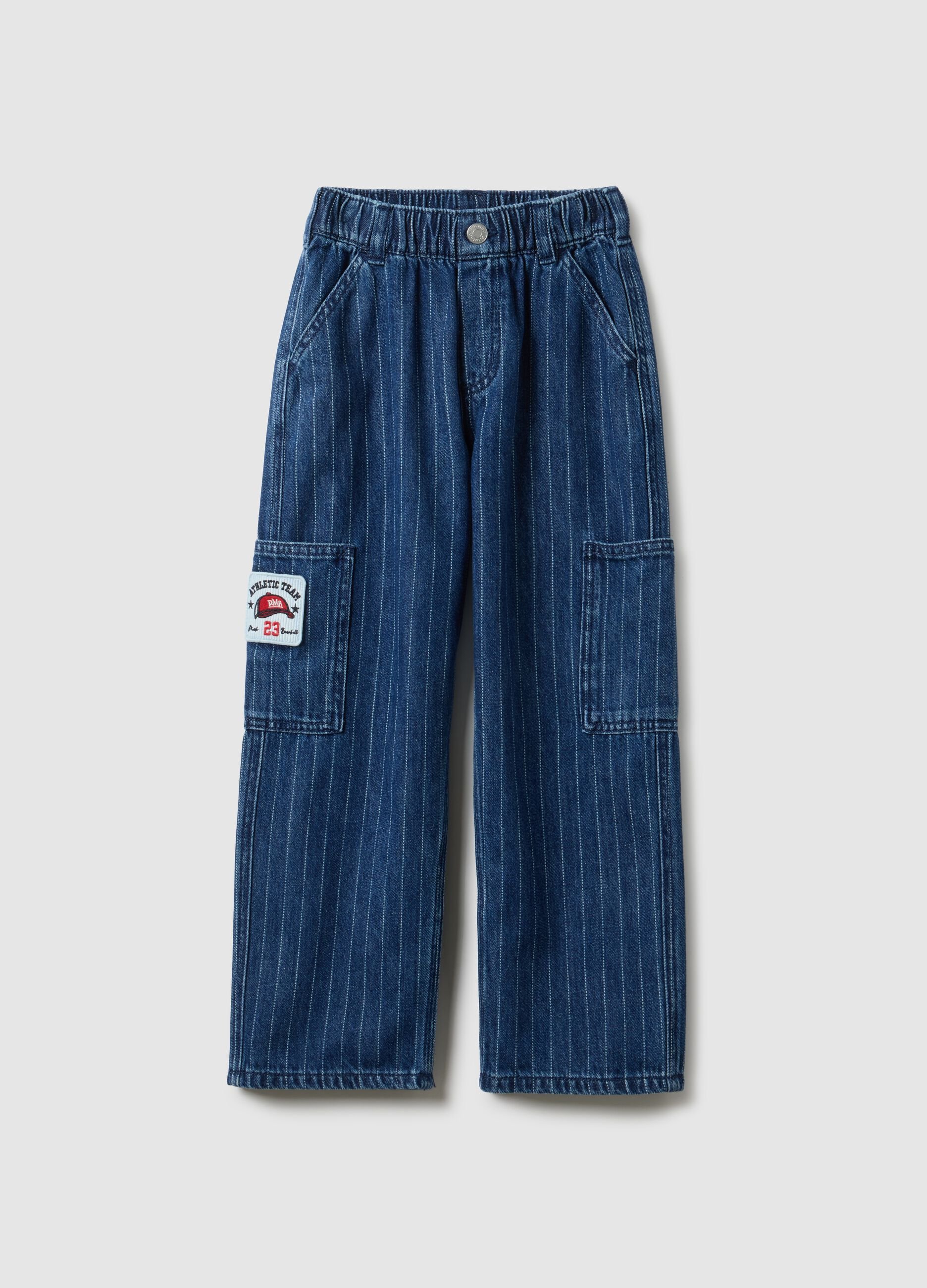 Children's relaxed fit striped blue cotton blend cargo trousers