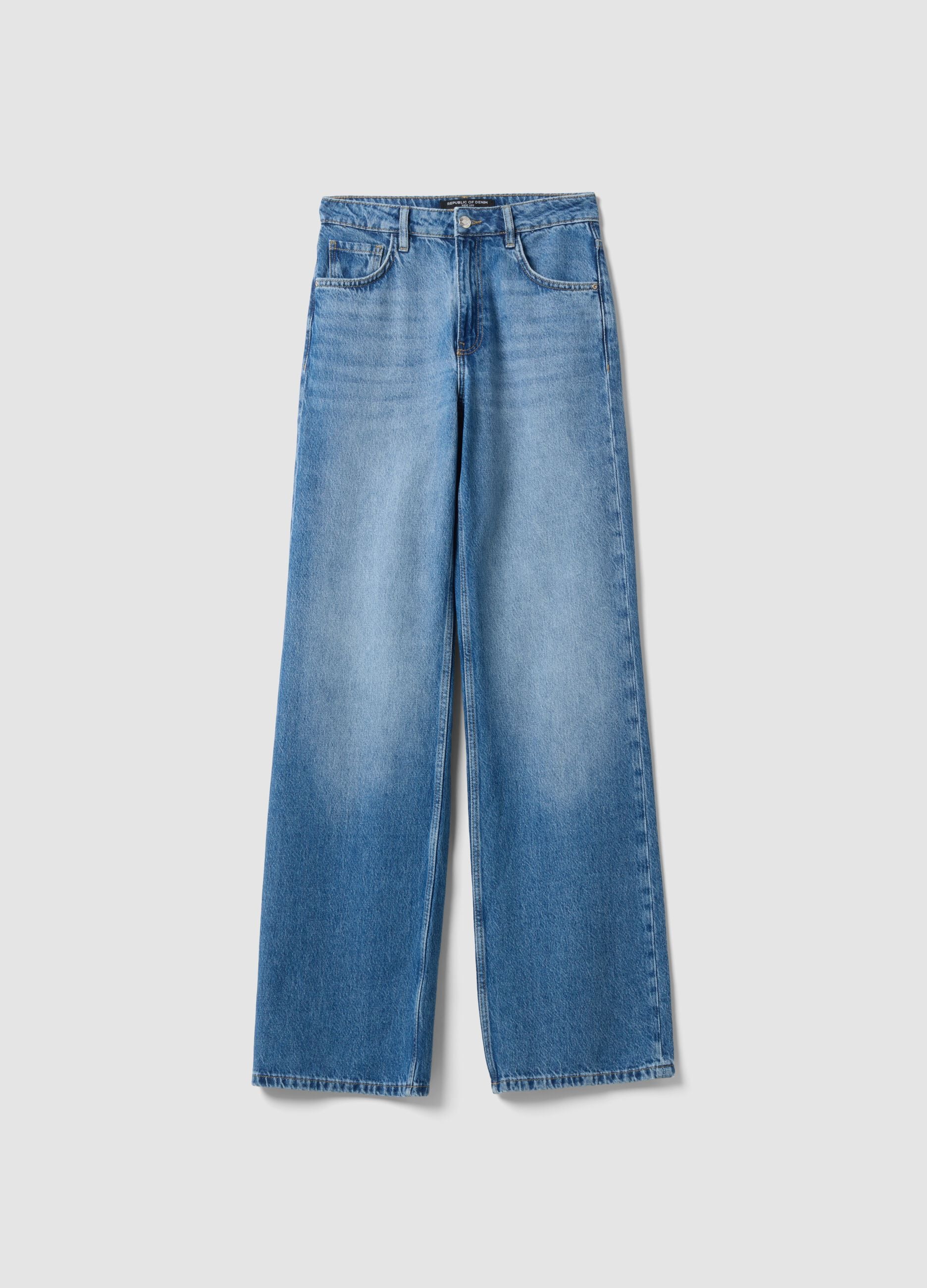 Light blue pure cotton high-waisted wide-leg denim jeans
