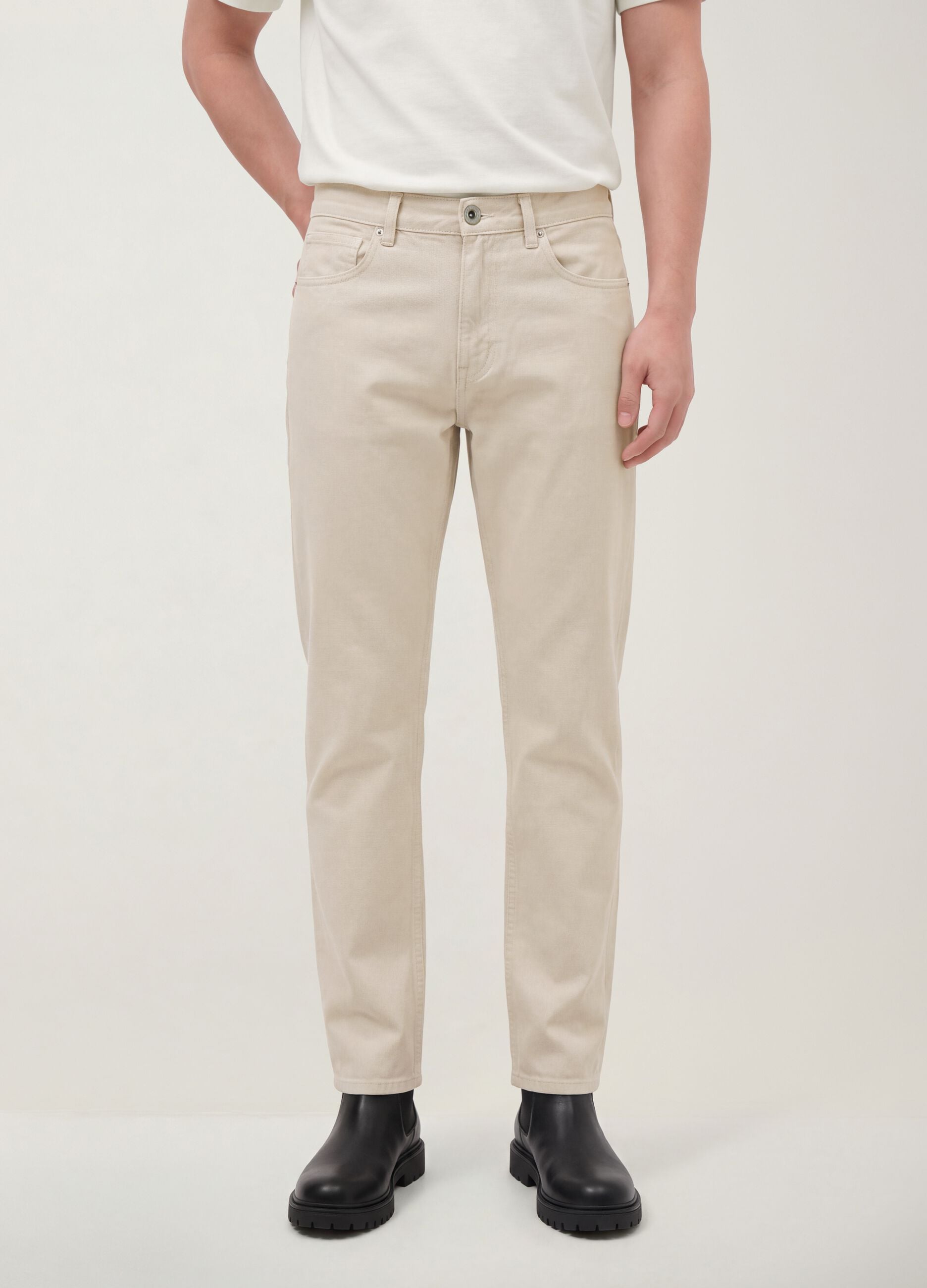 Beige pure cotton twill straight-fit jeans