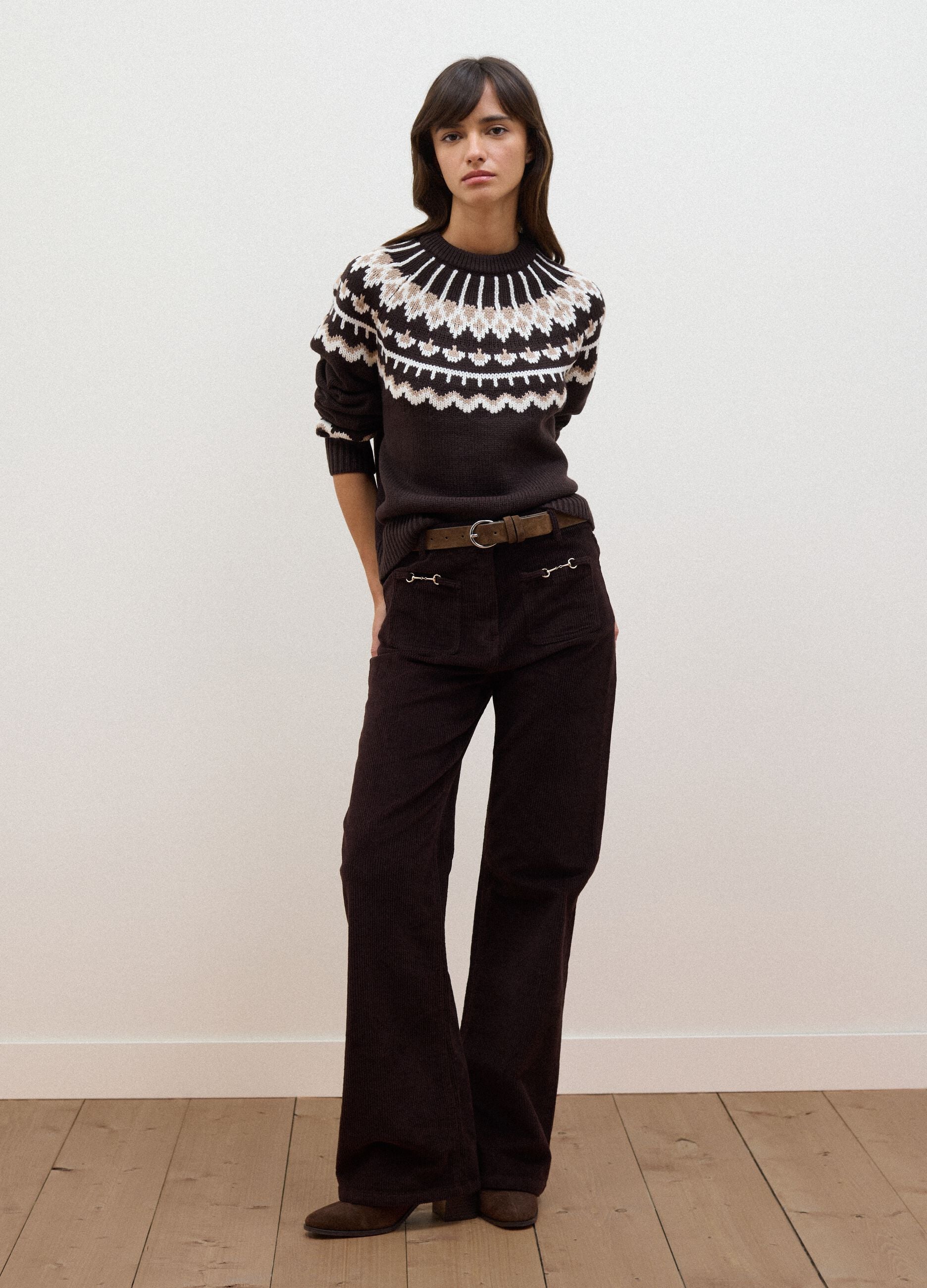 Brown jacquard wool-blend crew-neck jumper, regular fit