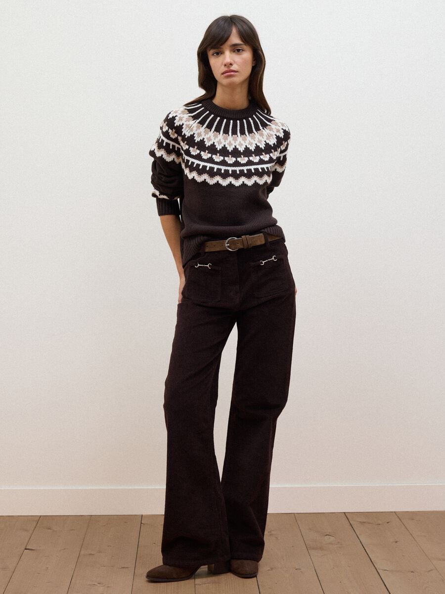 Brown jacquard wool-blend crew-neck jumper, regular fit_1