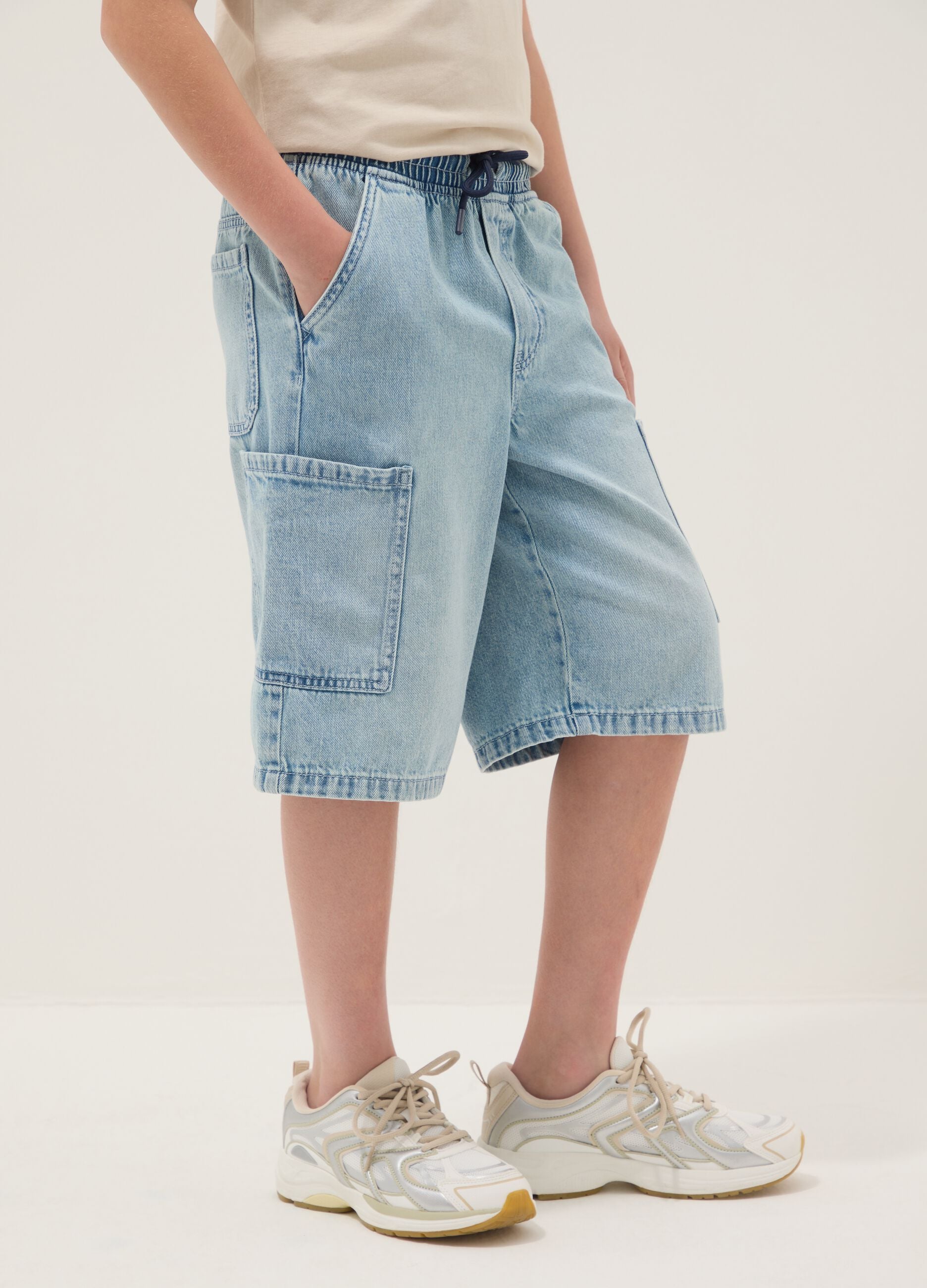 Shorts baggy denim azzurri in misto cotone da ragazzo regular fit
