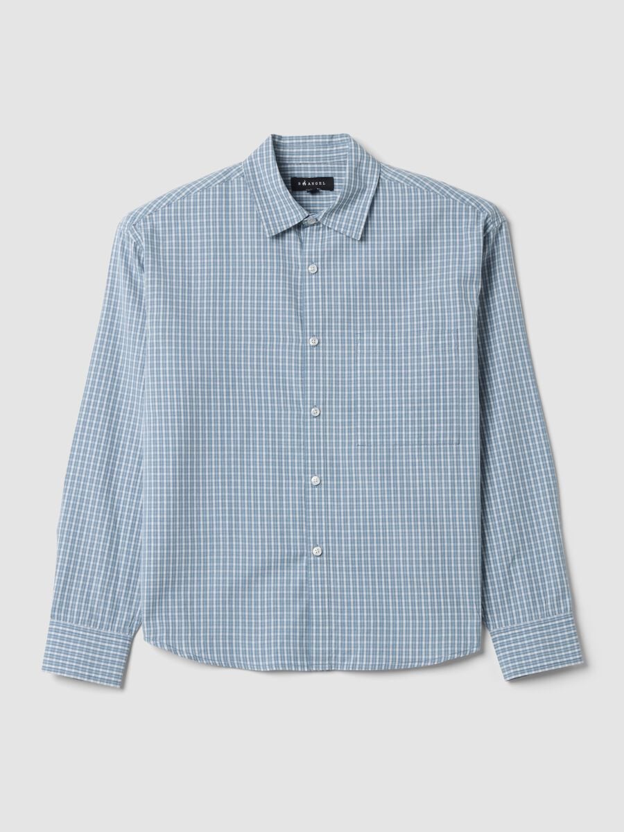 Camicia popeline blu a quadri in puro cotone over fit cropped_0