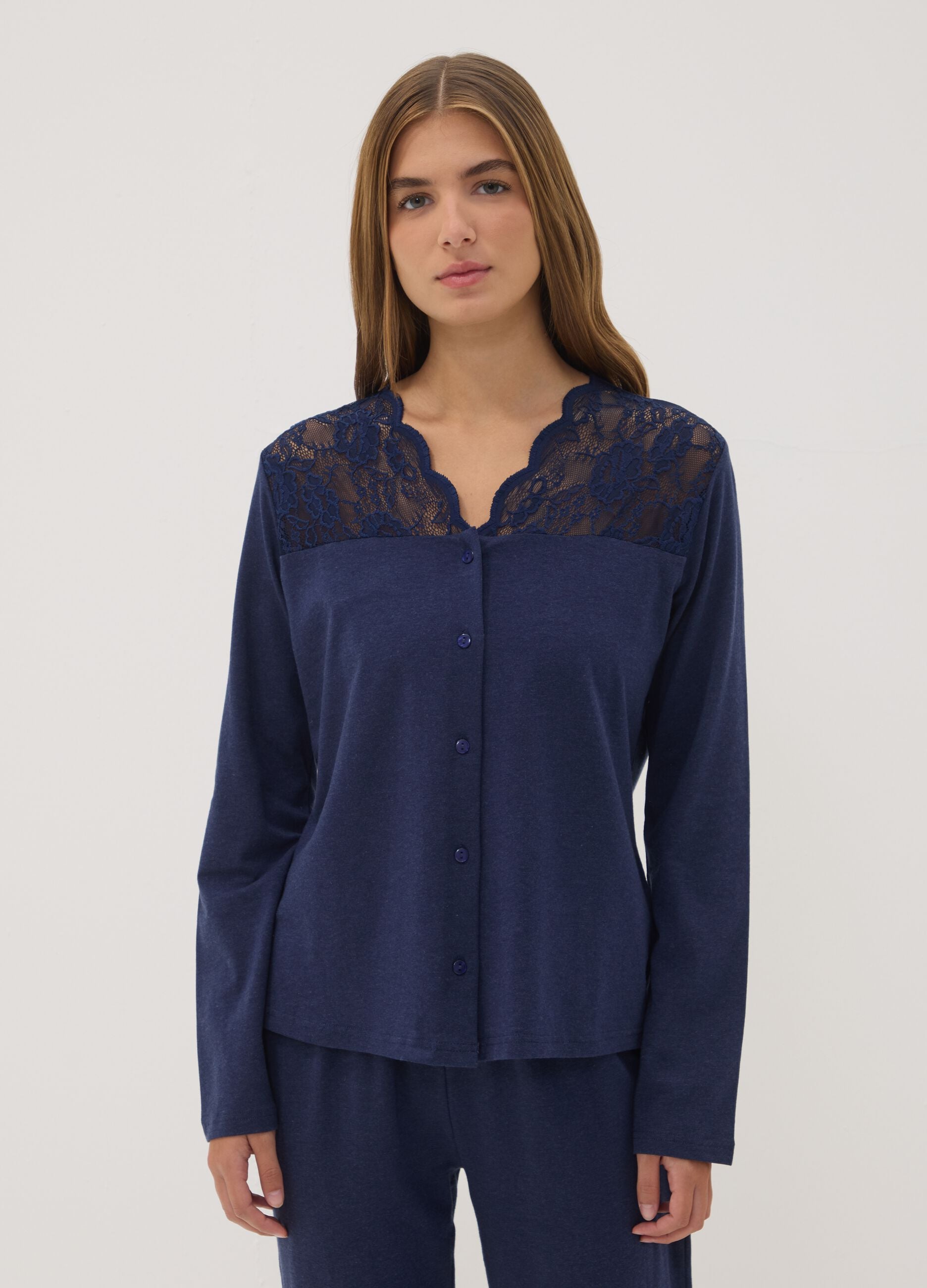 Maglia pigiama blu con scollo a V in cotone, lyocell e lana elasticizzata