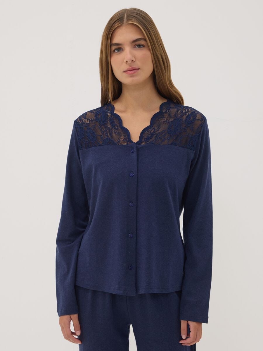 Maglia pigiama blu con scollo a V in cotone, lyocell e lana elasticizzata_1