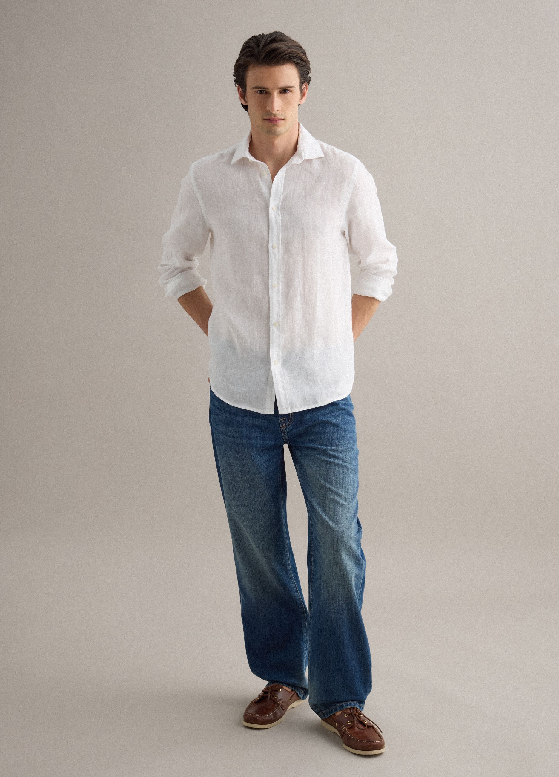 White Pure Linen Long-Sleeve Shirt, Regular Fit