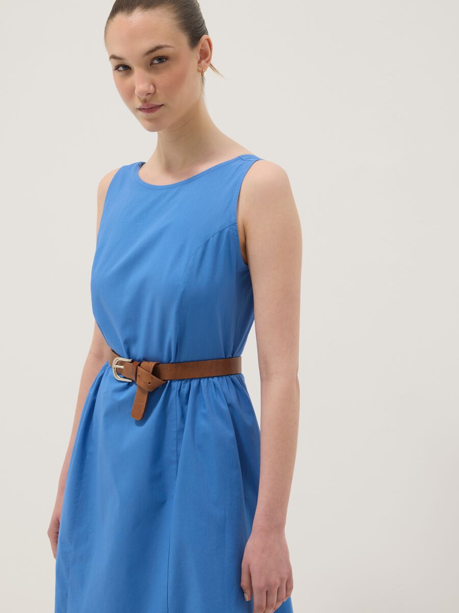 Vestito blu in puro cotone con scollo a barca_3