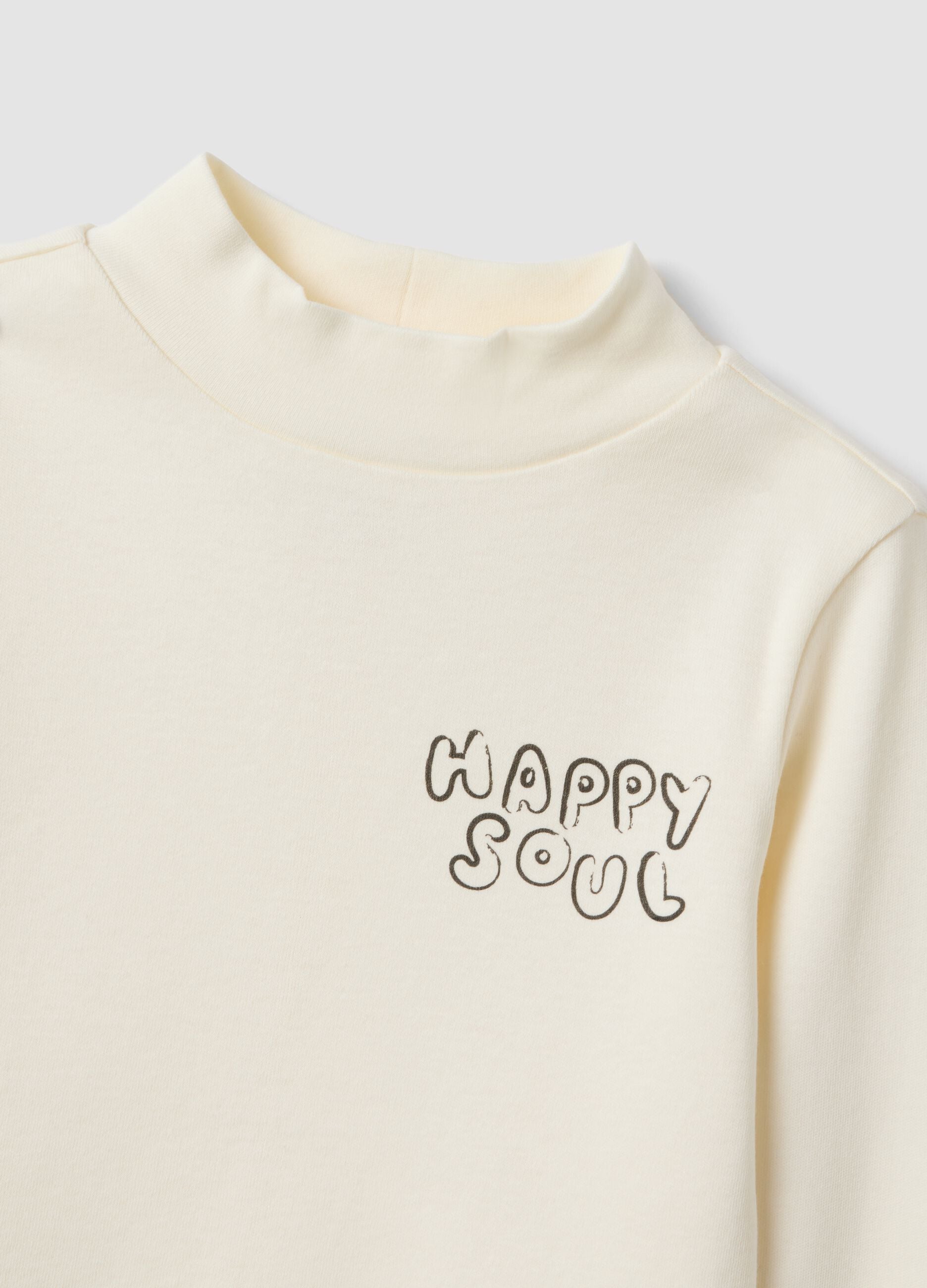 T-shirt bianca in puro cotone organico con collo rialzato e stampa animaletti
