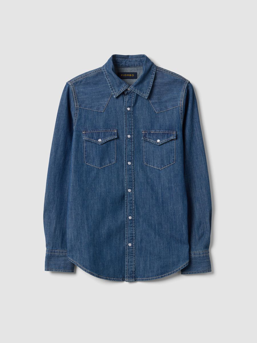 Blue pure cotton denim shirt, regular fit_0