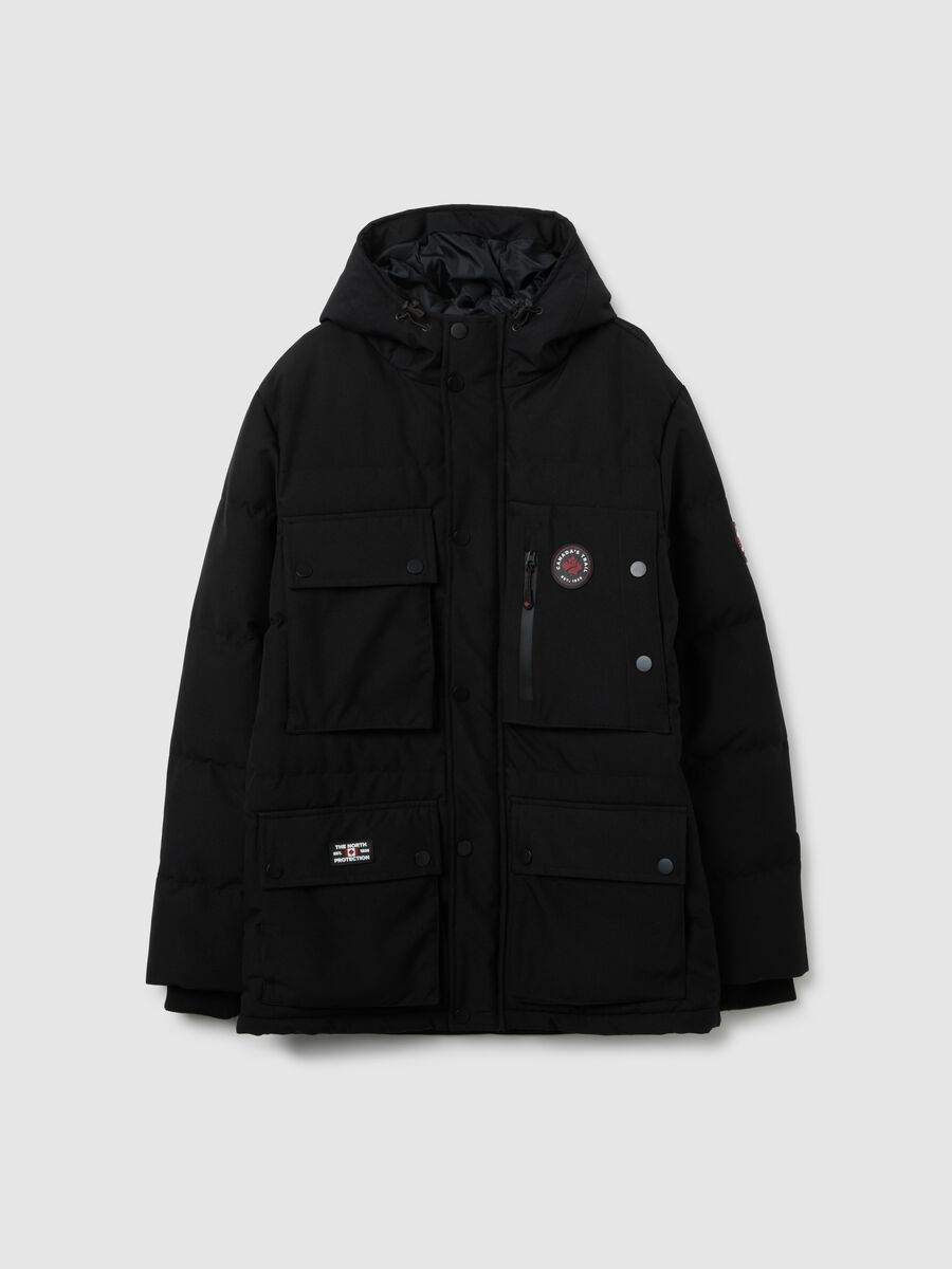 Black padded regular fit jacket with hood and buttons_0