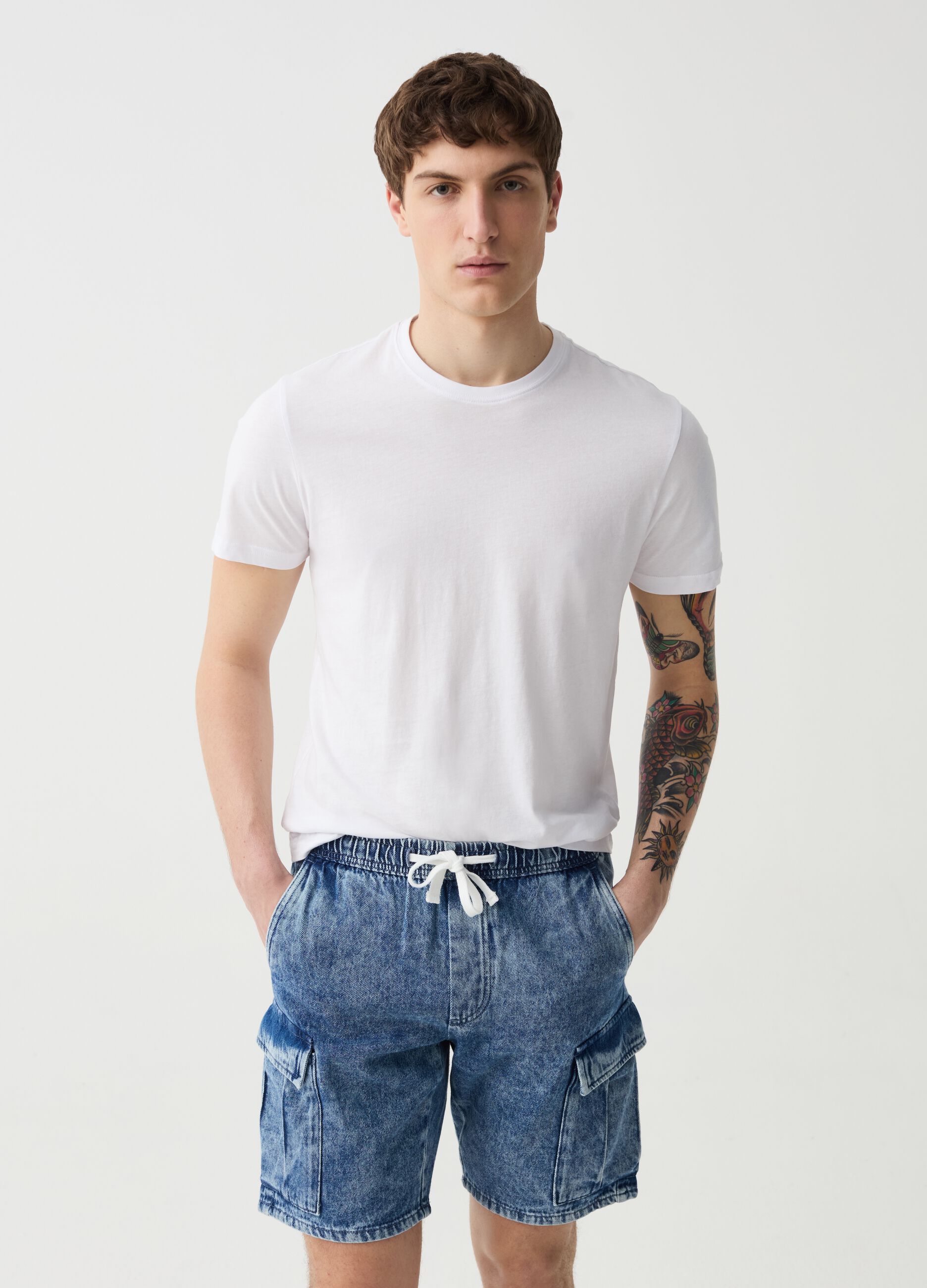 Acid-wash denim Bermuda cargo shorts