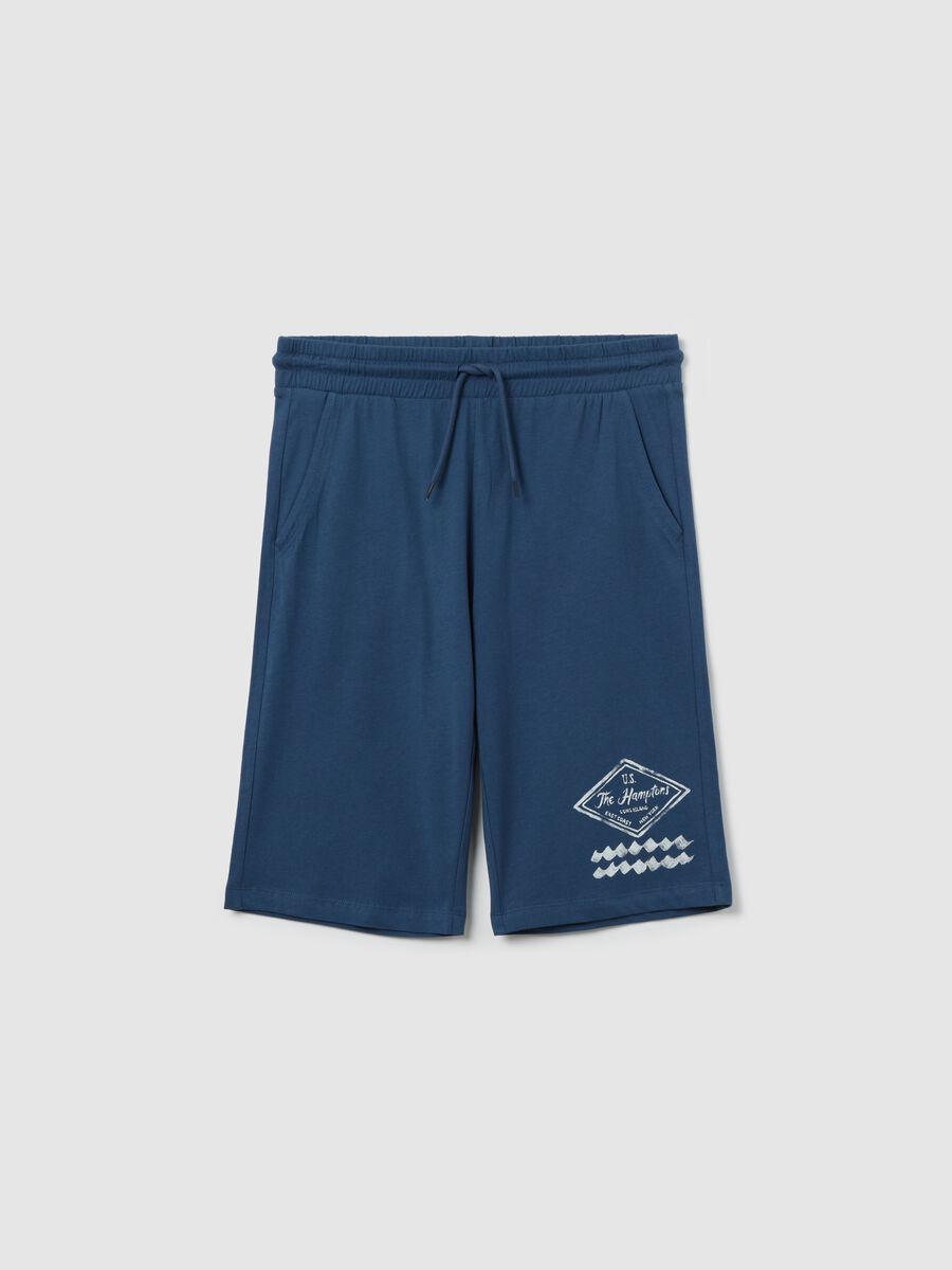 Blue cotton Bermuda shorts with drawstring and print_3